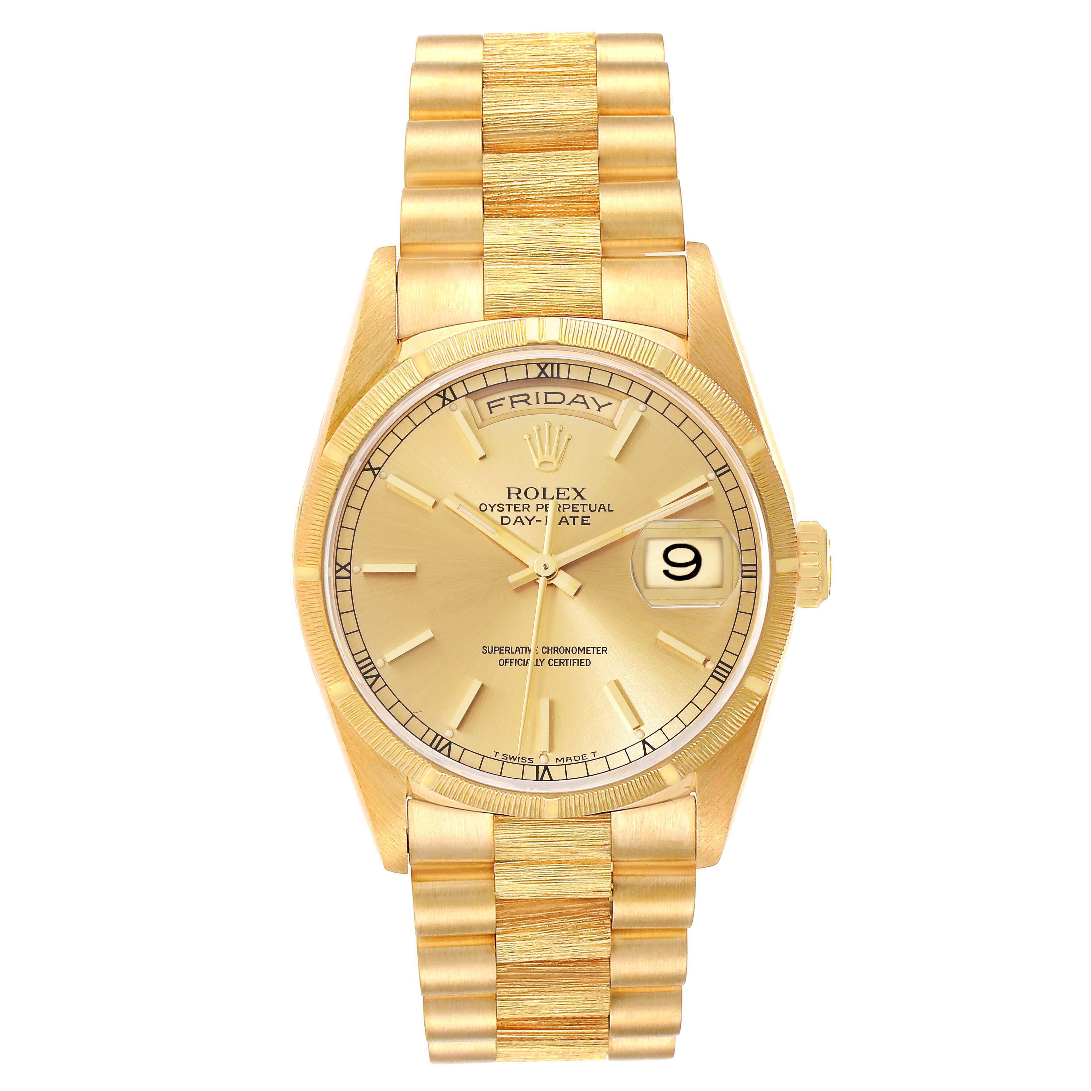 The image shows a frontal view of the Rolex President 18248 Men's Yellow Gold Champagne Dial 18248 Men's Yellow Gold Champagne Dial Day-Date watch, highlighting its gold bracelet, dial, and day-date display.