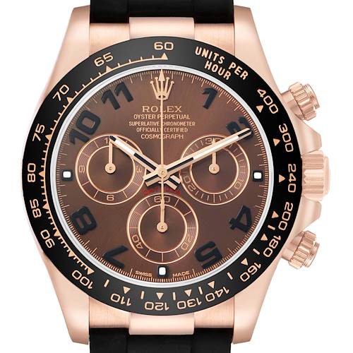 The Rolex Daytona 116515 Men's Rose Gold Brown Dial watch is shown from the front, highlighting the dial, bezel, and pushers on the side.