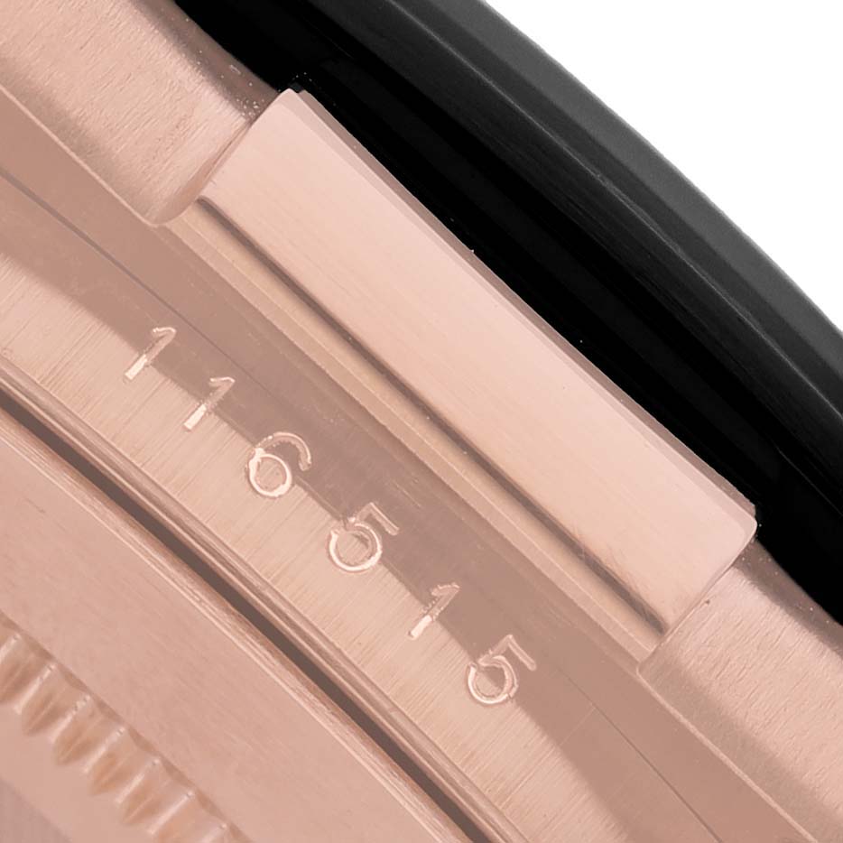 The image shows a close-up of the serial number area on a Rolex Daytona 116515 Men's Rose Gold Brown Dial watch case.