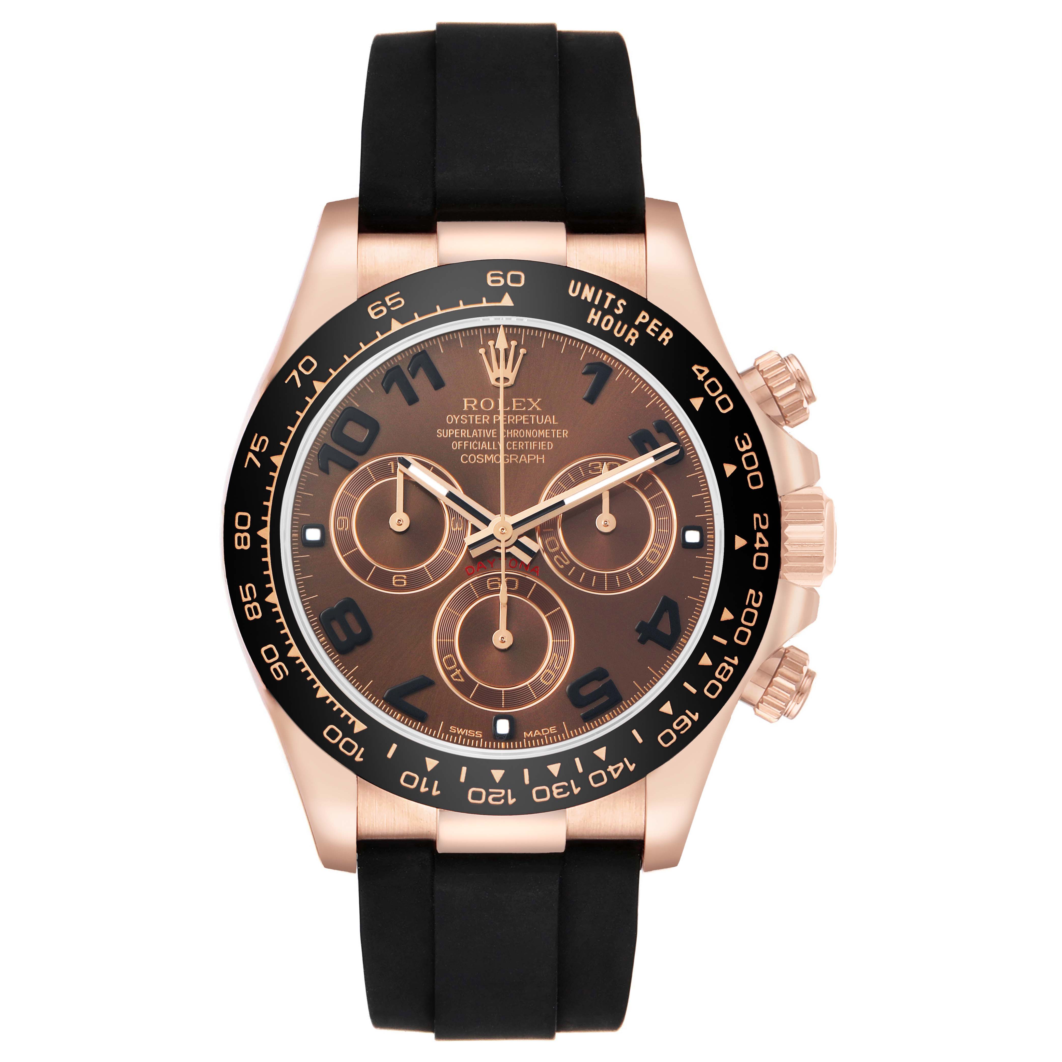 The Rolex Daytona 116515 Men's Rose Gold Brown Dial watch is shown from a front angle, highlighting the dial, bezel, and crown.
