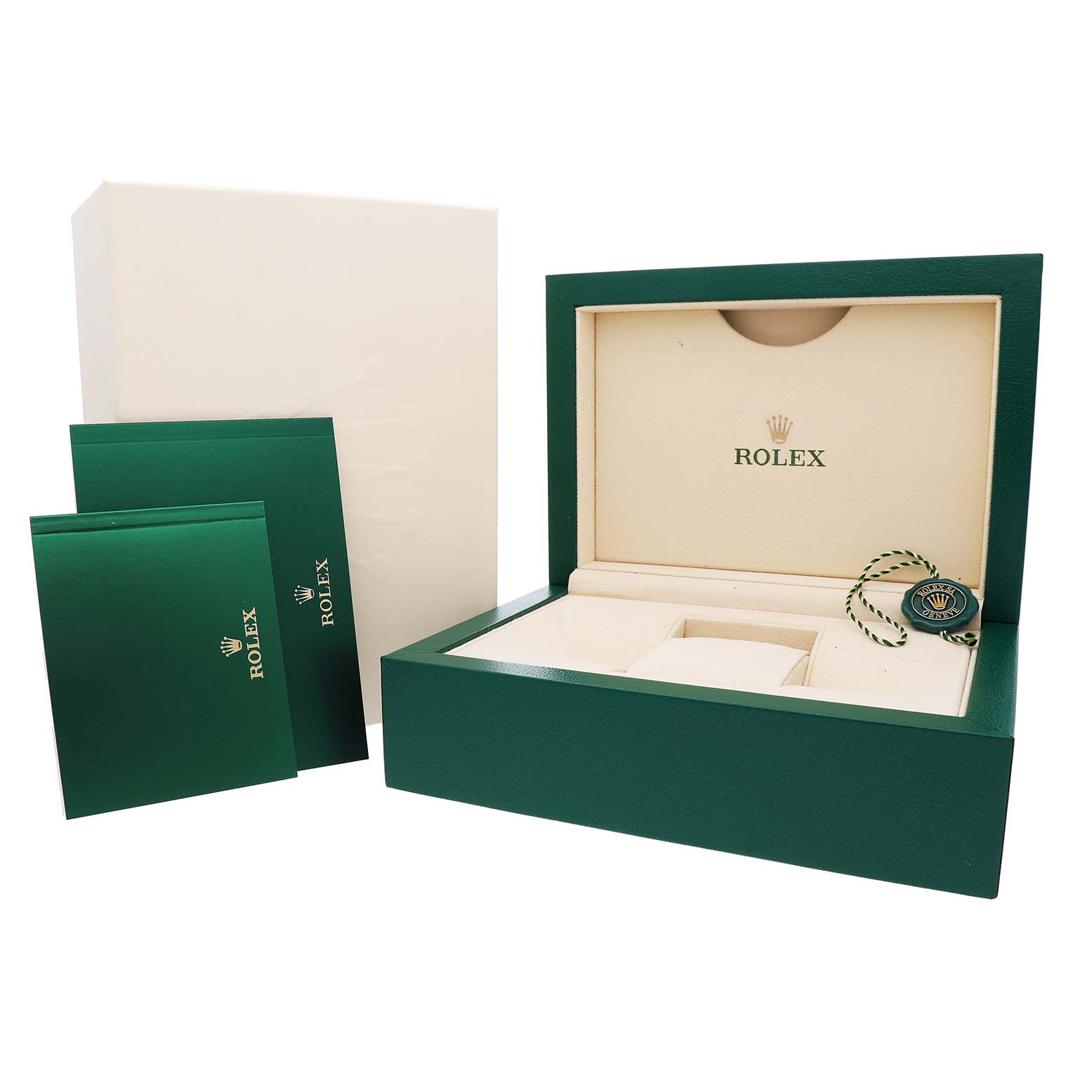 This image shows the packaging for a Rolex Daytona 116515 Men's Rose Gold Brown Dial, including a green box, inner padding, and accompanying booklets.