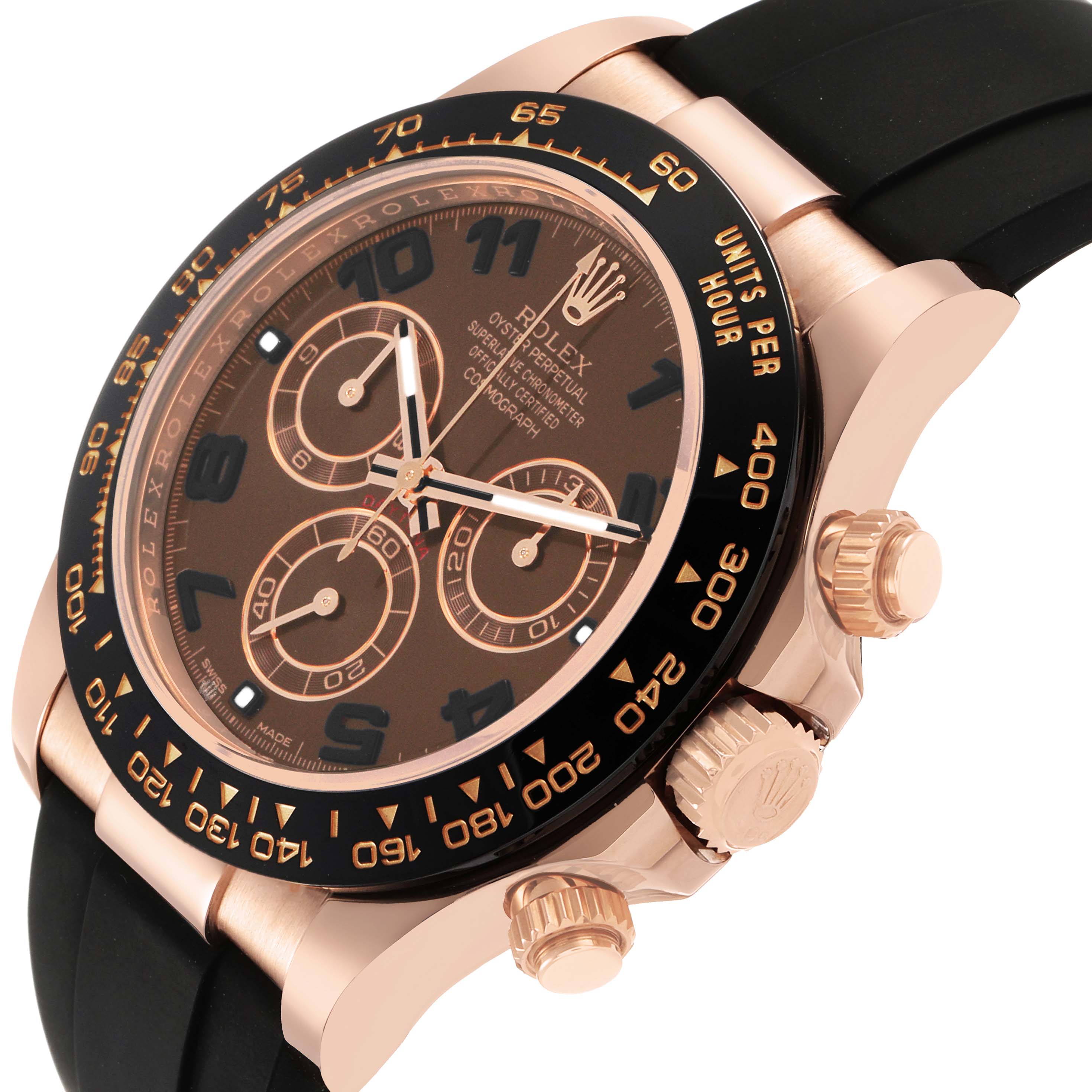 The Rolex Daytona 116515 Men's Rose Gold Brown Dial watch is shown at a slight angle, highlighting the bezel, dial, and crown.