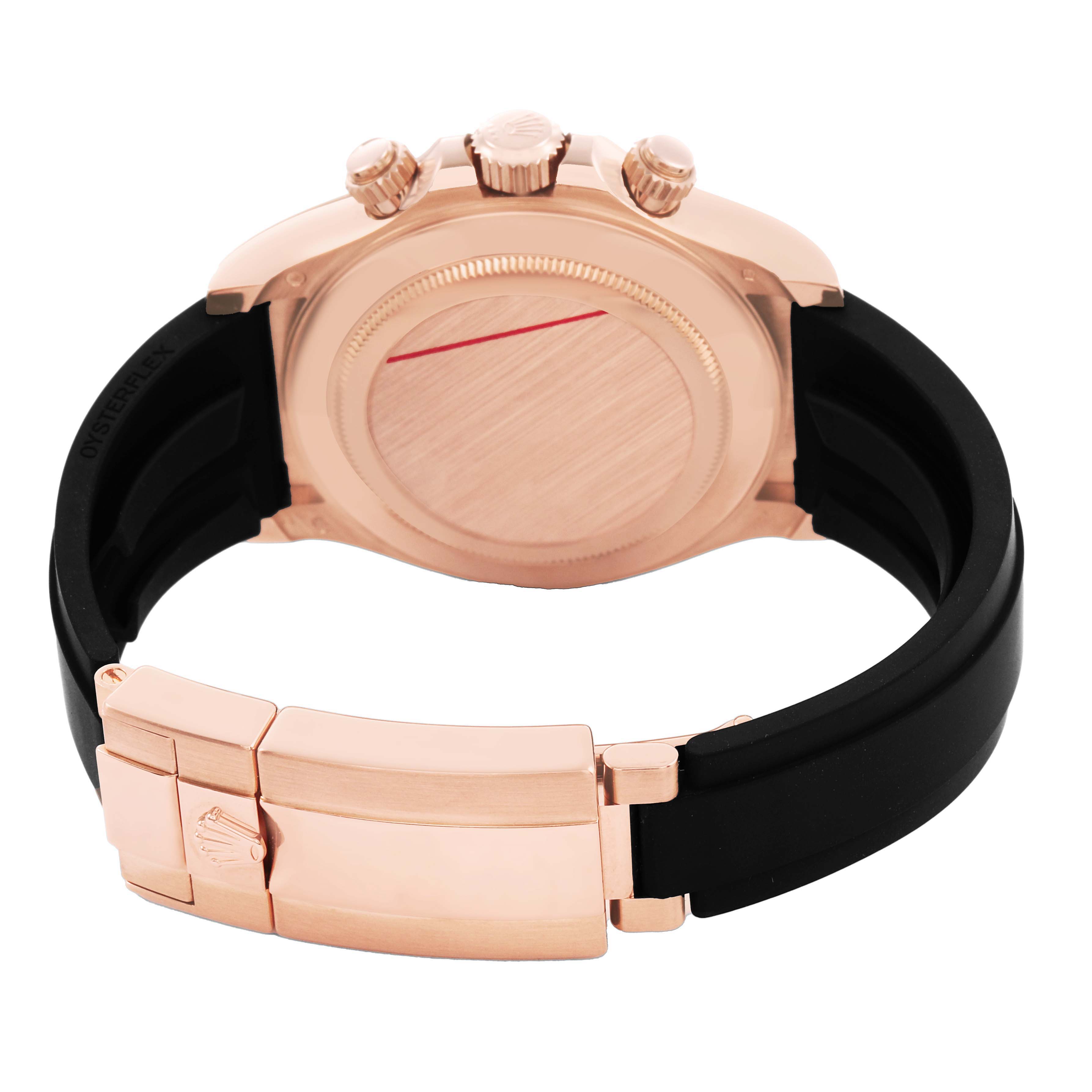 The image shows the back case and clasp of a Rolex Daytona 116515 Men's Rose Gold Brown Dial watch, featuring a black strap and rose gold elements.