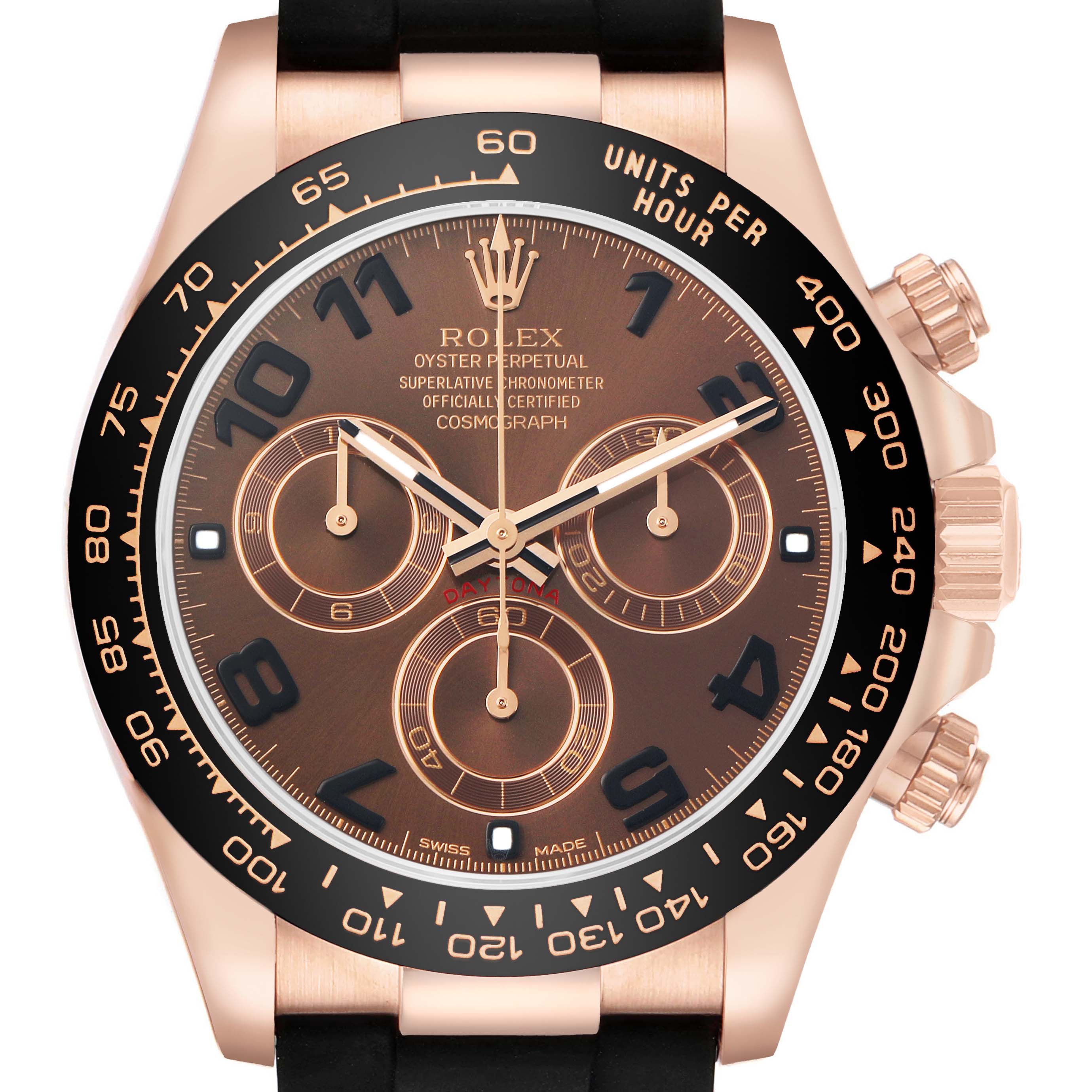 The Rolex Daytona 116515 Men's Rose Gold Brown Dial watch is shown from a front angle, displaying its dial, bezel, and chronograph sub-dials prominently.