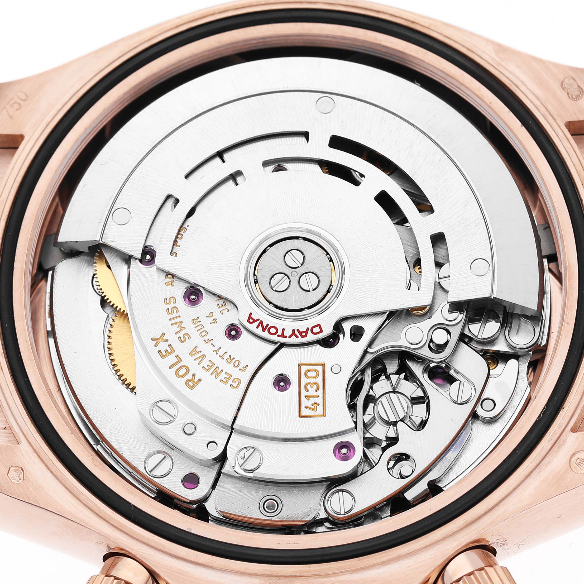 The image shows the movement of a Rolex Daytona 116515 Men's Rose Gold Brown Dial watch from a back view, highlighting its intricate mechanics.