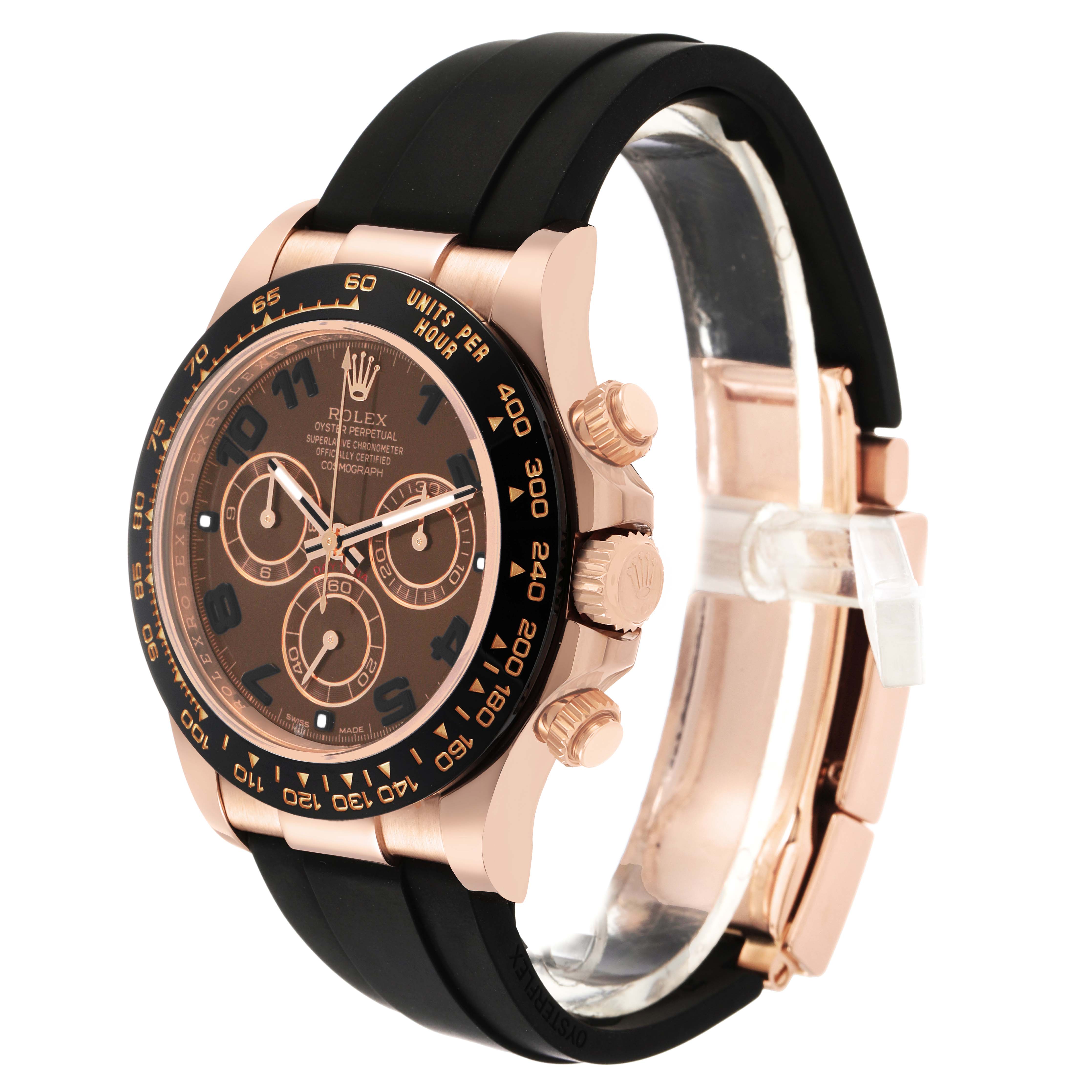The Rolex Daytona 116515 Men's Rose Gold Brown Dial watch is shown at a tilted side angle, highlighting the face, bezel, crown, and part of the strap.