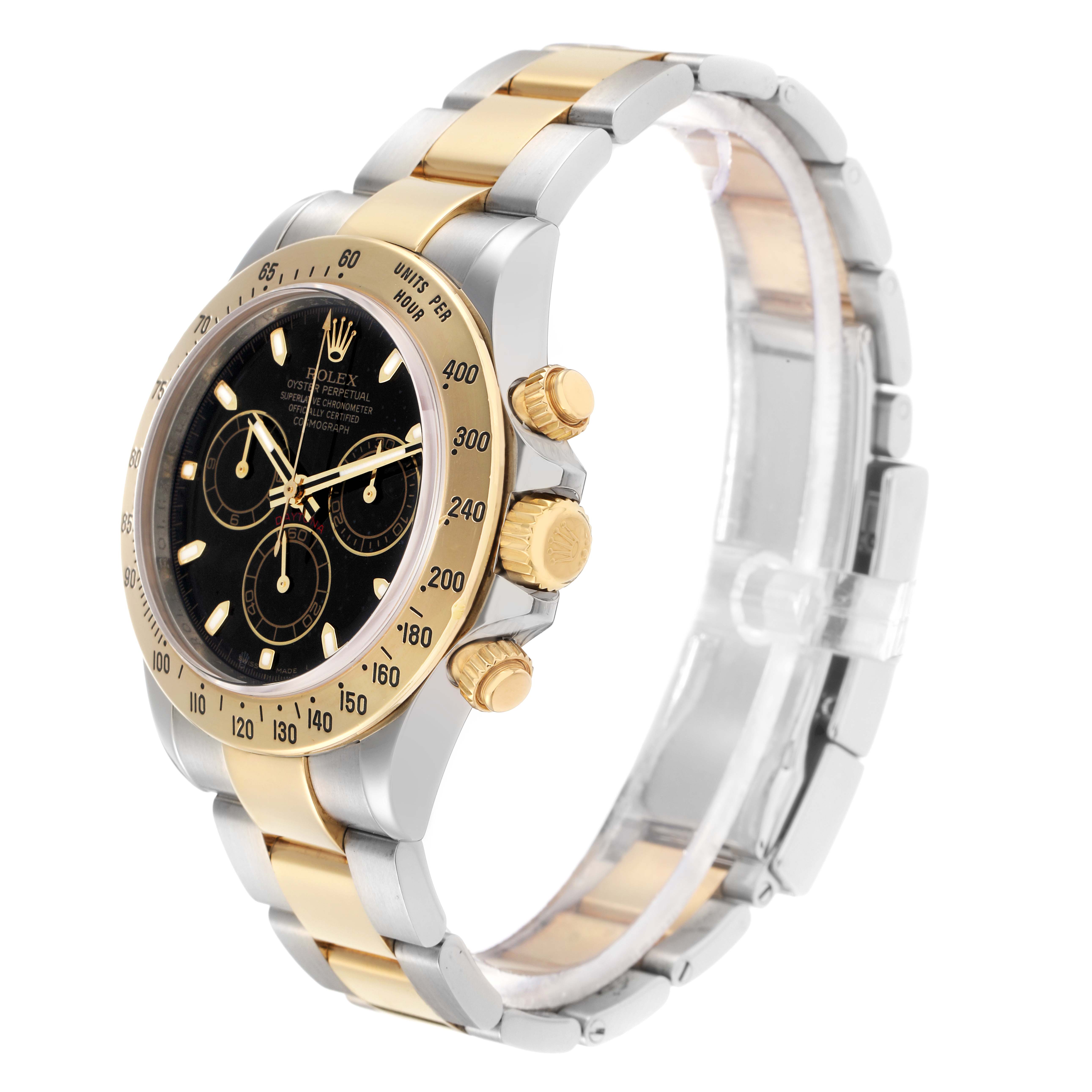The Rolex Daytona 116523 Men
s Steel and Gold (two tone) Black Dial watch is shown at a side angle, highlighting the face, bezel, bracelet, and pushers.