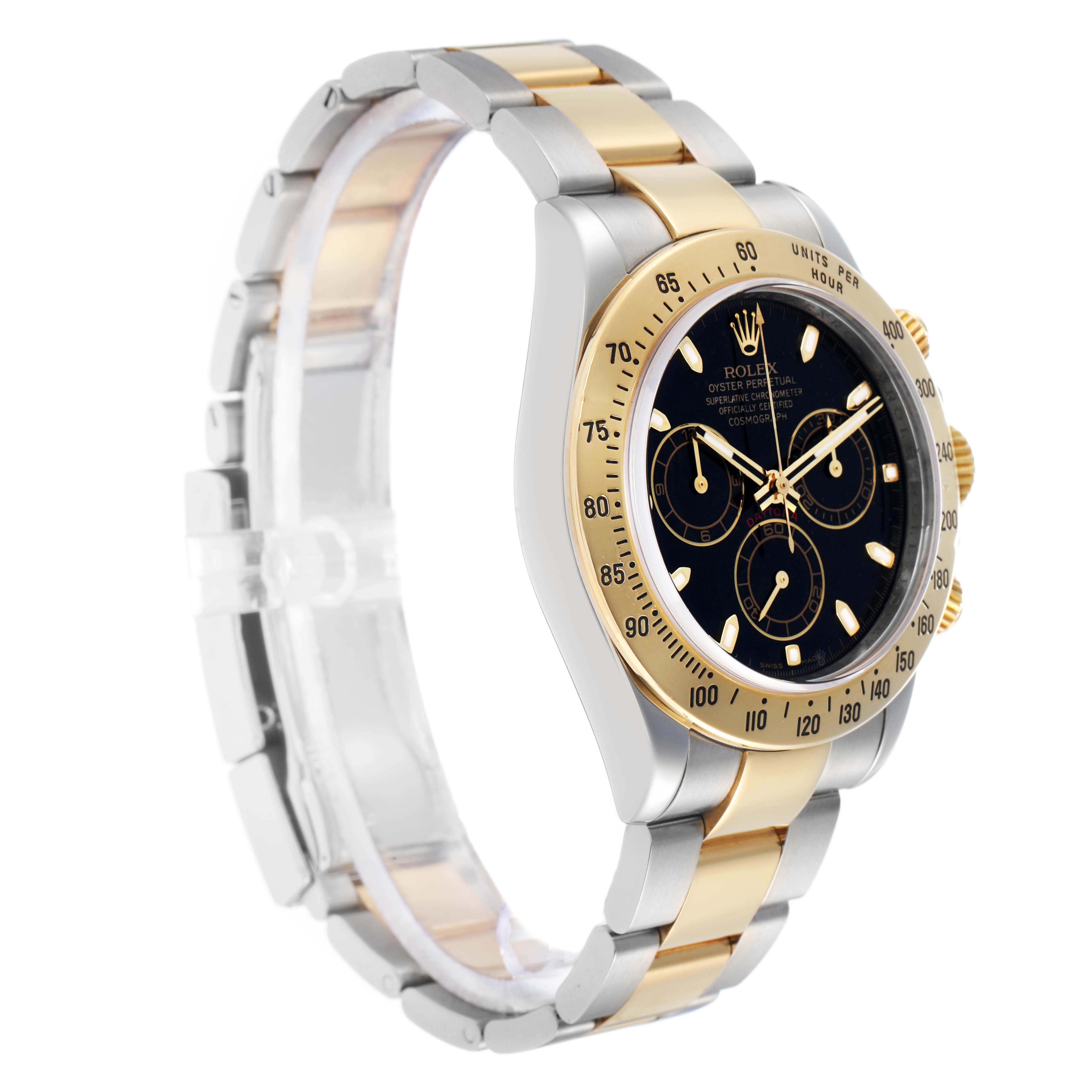 The image shows a Rolex Daytona 116523 Men
s Steel and Gold (two tone) Black Dial watch at a slight angle, highlighting the dial, bezel, and two-tone bracelet.