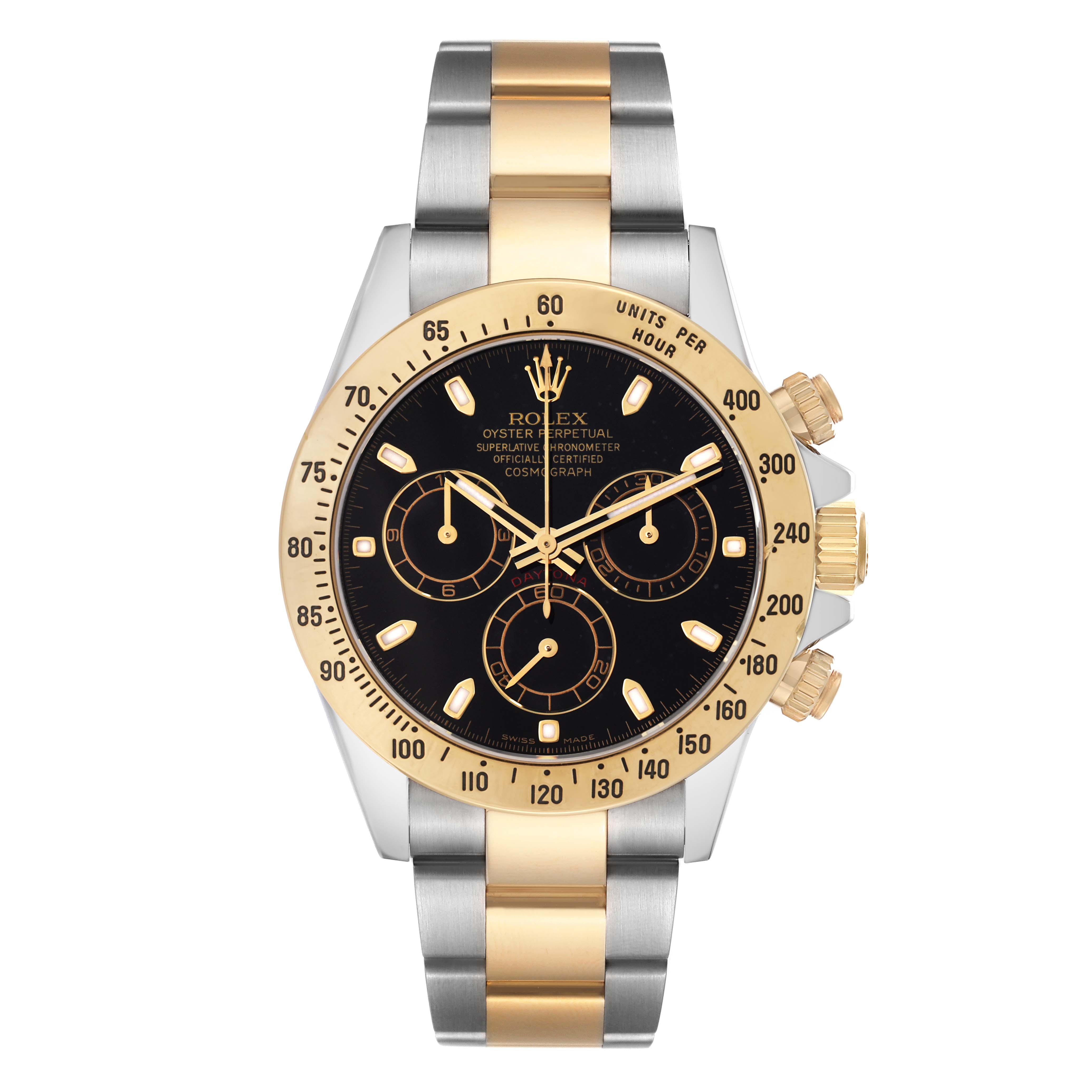 The Rolex Daytona 116523 Men
s Steel and Gold (two tone) Black Dial watch is shown from the front, displaying its black dial, gold bezel, and two-tone bracelet.
