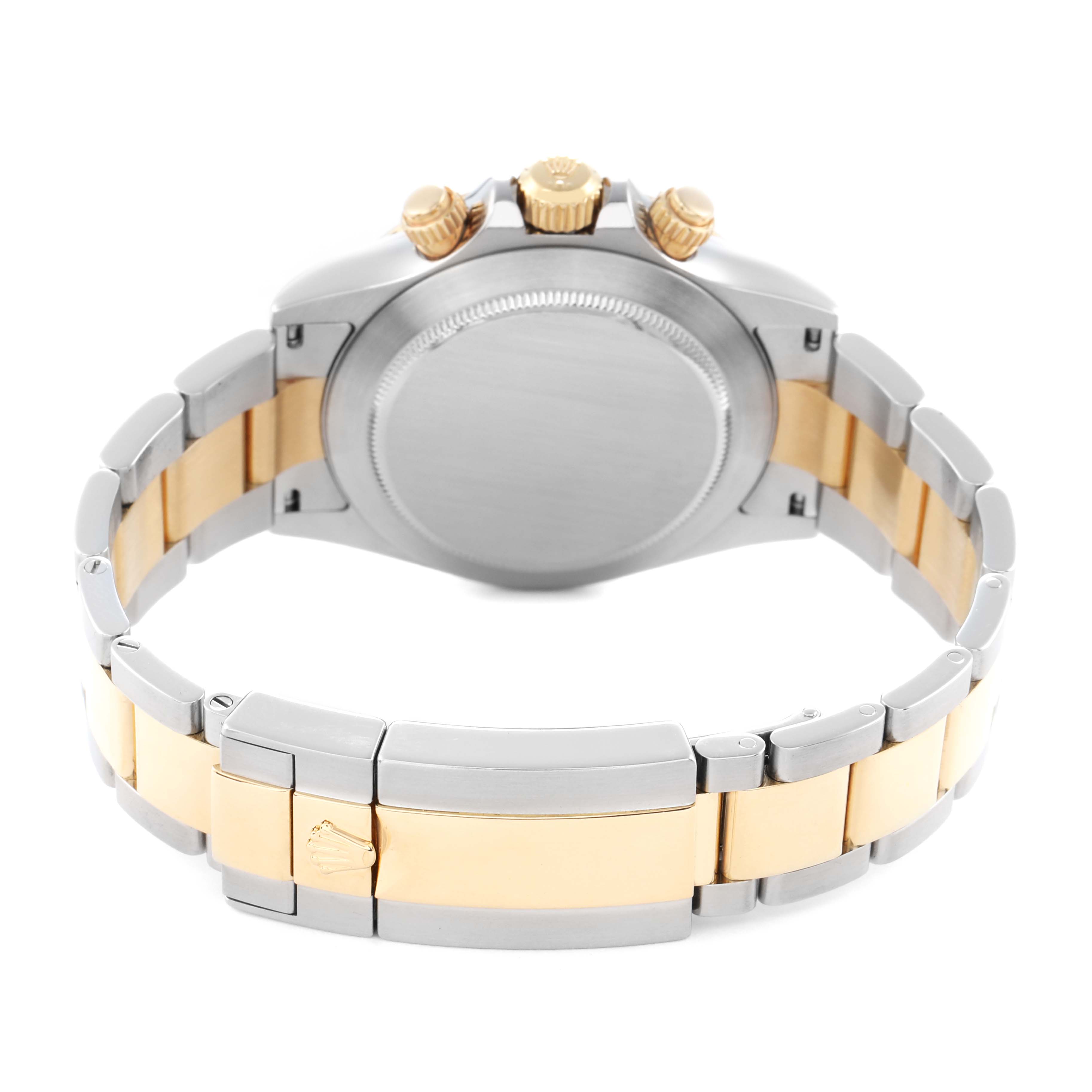 The Rolex Daytona 116523 Men
s Steel and Gold (two tone) Black Dial watch is shown from a rear angle, highlighting the case back, bracelet, and gold accents on the pushers and crown.