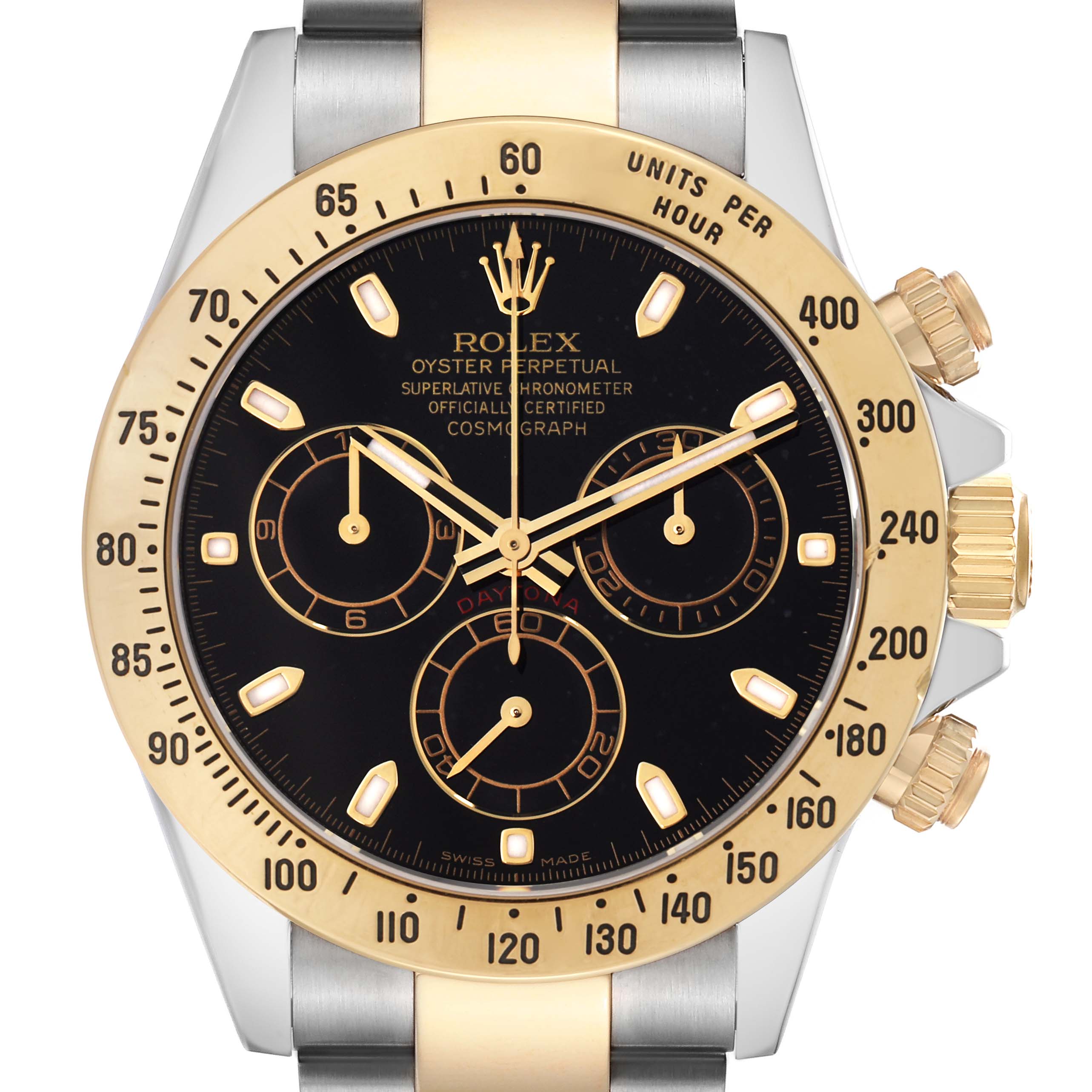 The Rolex Daytona 116523 Men
s Steel and Gold (two tone) Black Dial watch is shown from a front view, highlighting the black dial, gold bezel, and chronograph sub-dials.