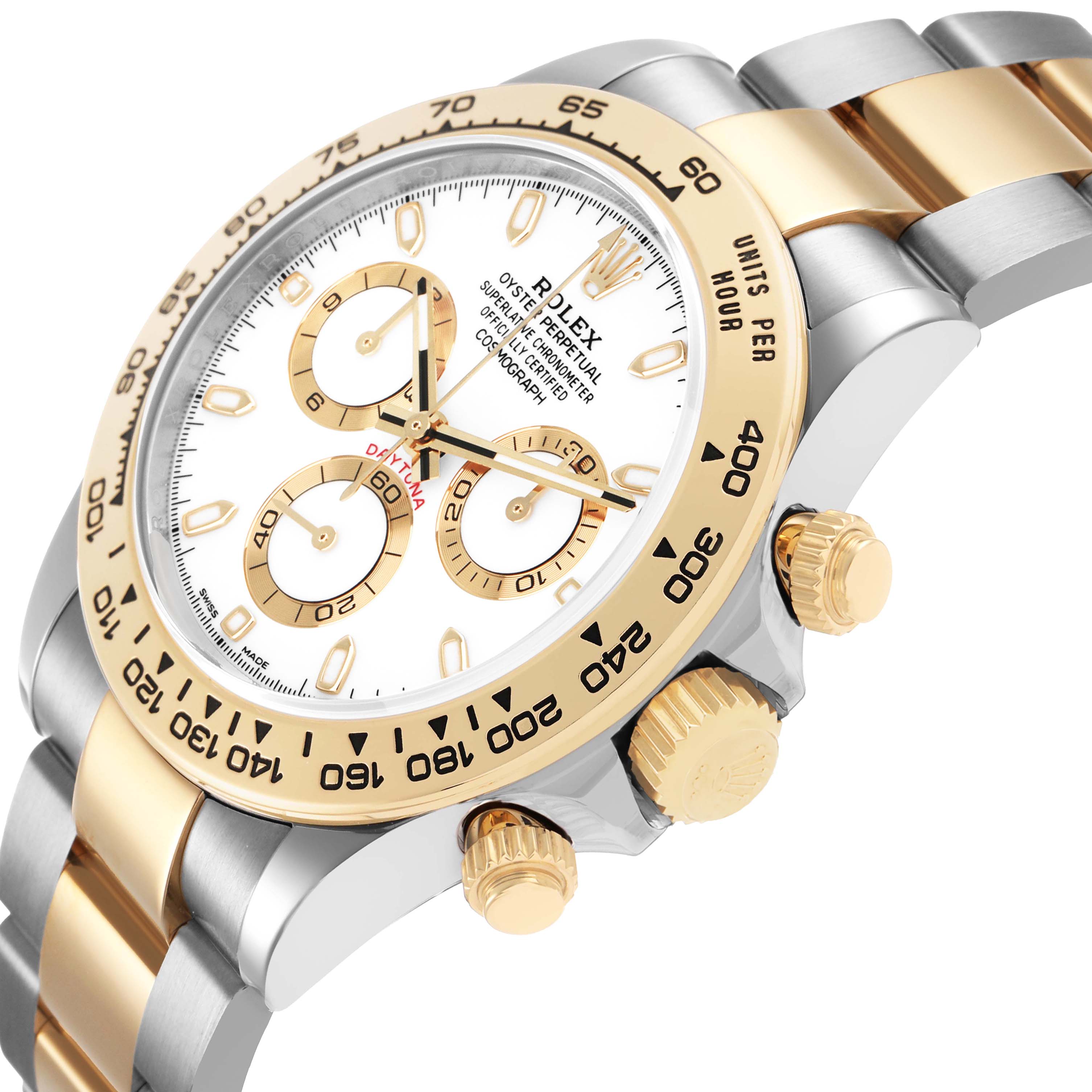 The Rolex Daytona 116503 Men's Steel and Gold (two tone) White Dial watch is shown at an angle highlighting the bezel, crown, and part of the bracelet.