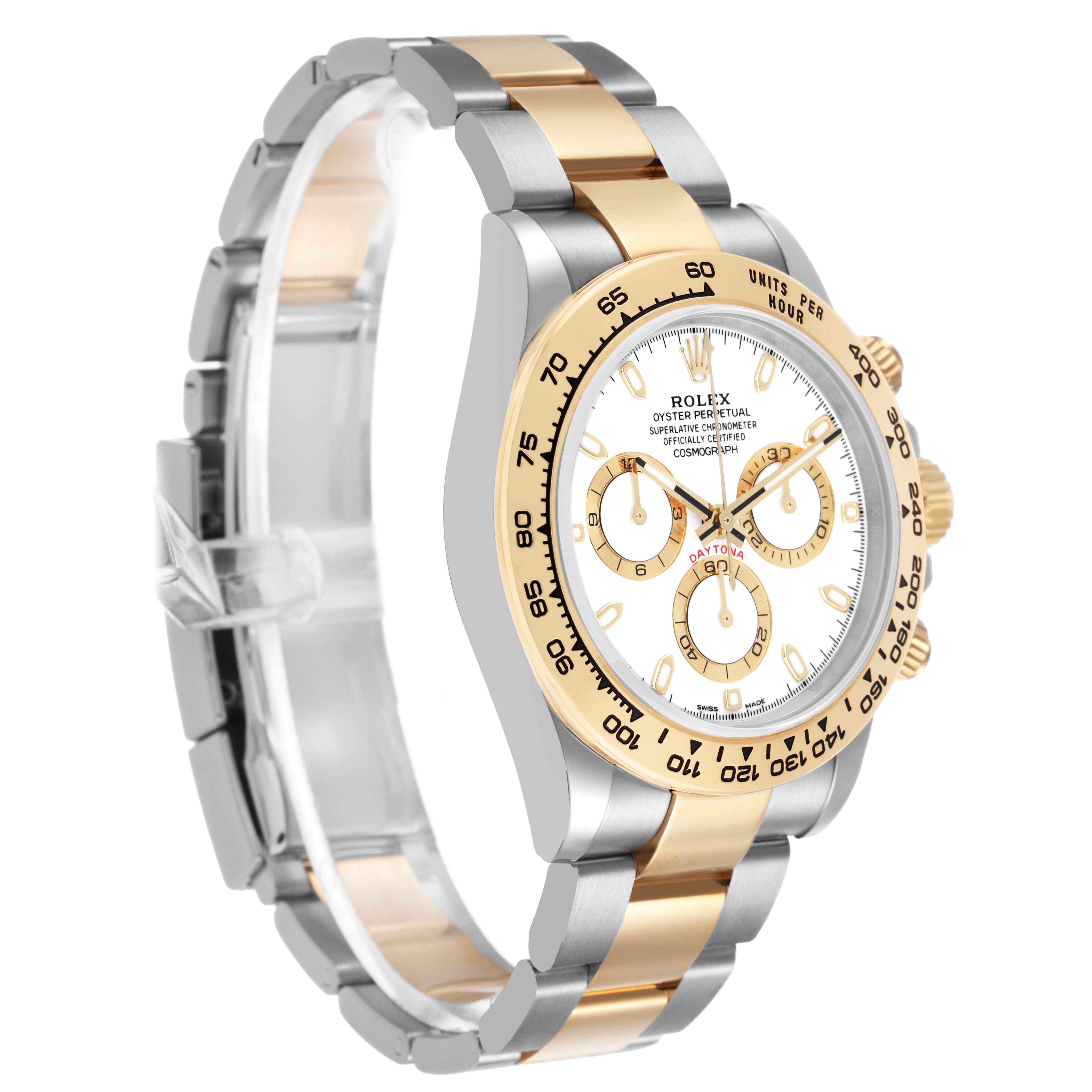 The Rolex Daytona 116503 Men's Steel and Gold (two tone) White Dial watch is shown at a 3/4 angle highlighting the bezel, dial, chronograph subdials, and two-tone bracelet.