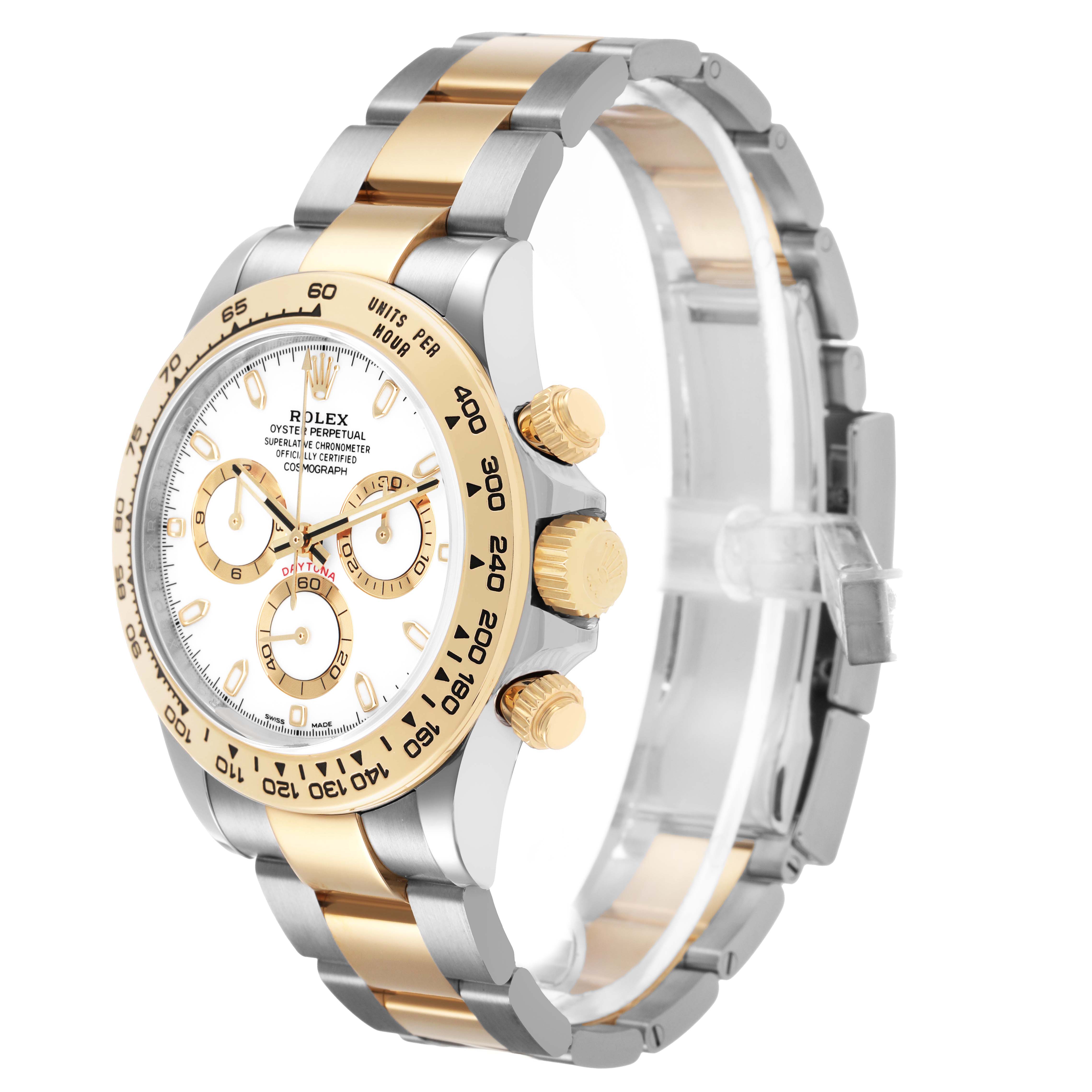 The Rolex Daytona 116503 Men's Steel and Gold (two tone) White Dial watch is shown at a three-quarter angle, highlighting the bezel, dial, and bracelet.