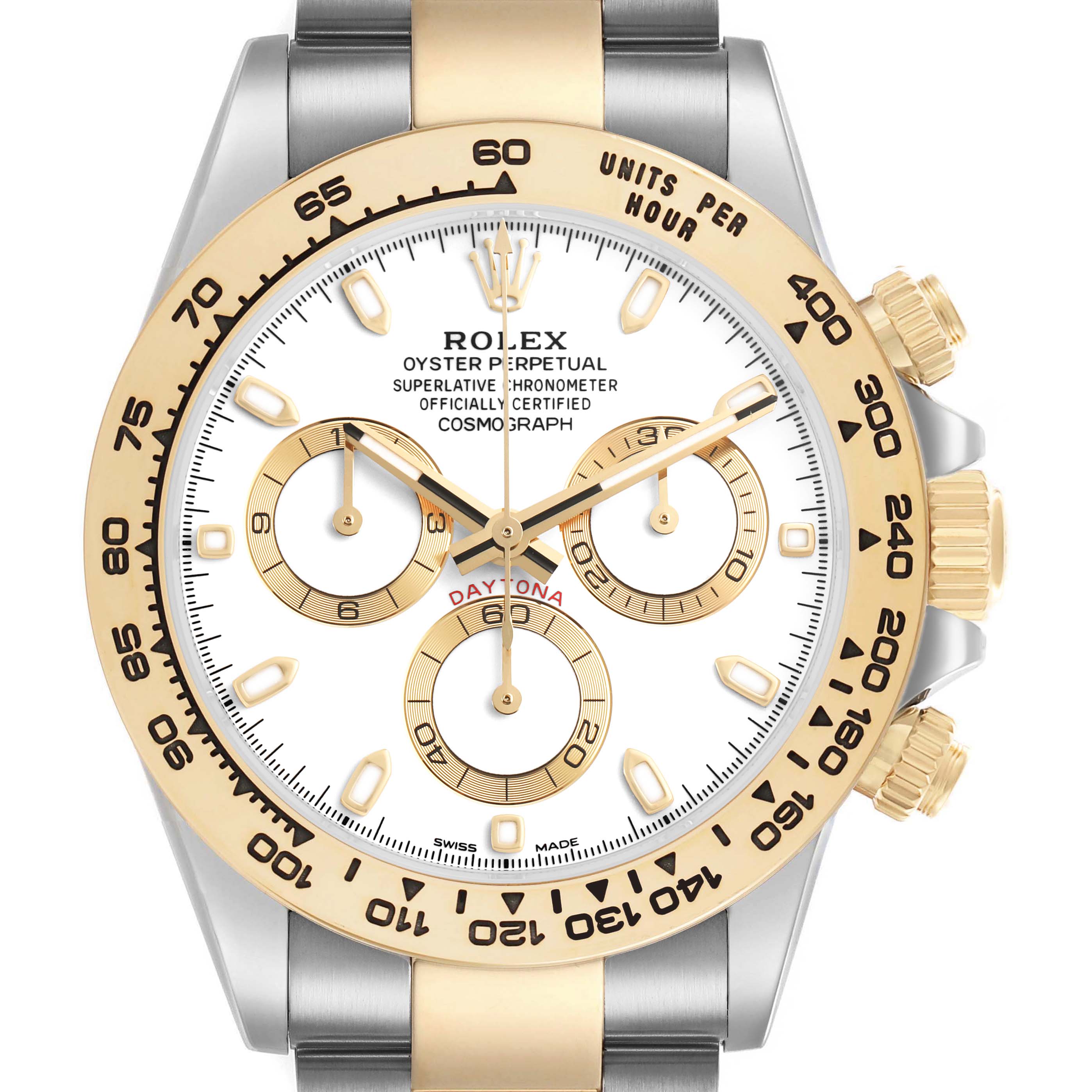 The image shows a front view of the Rolex Daytona 116503 Men's Steel and Gold (two tone) White Dial, highlighting its dial, bezel, and pushers.