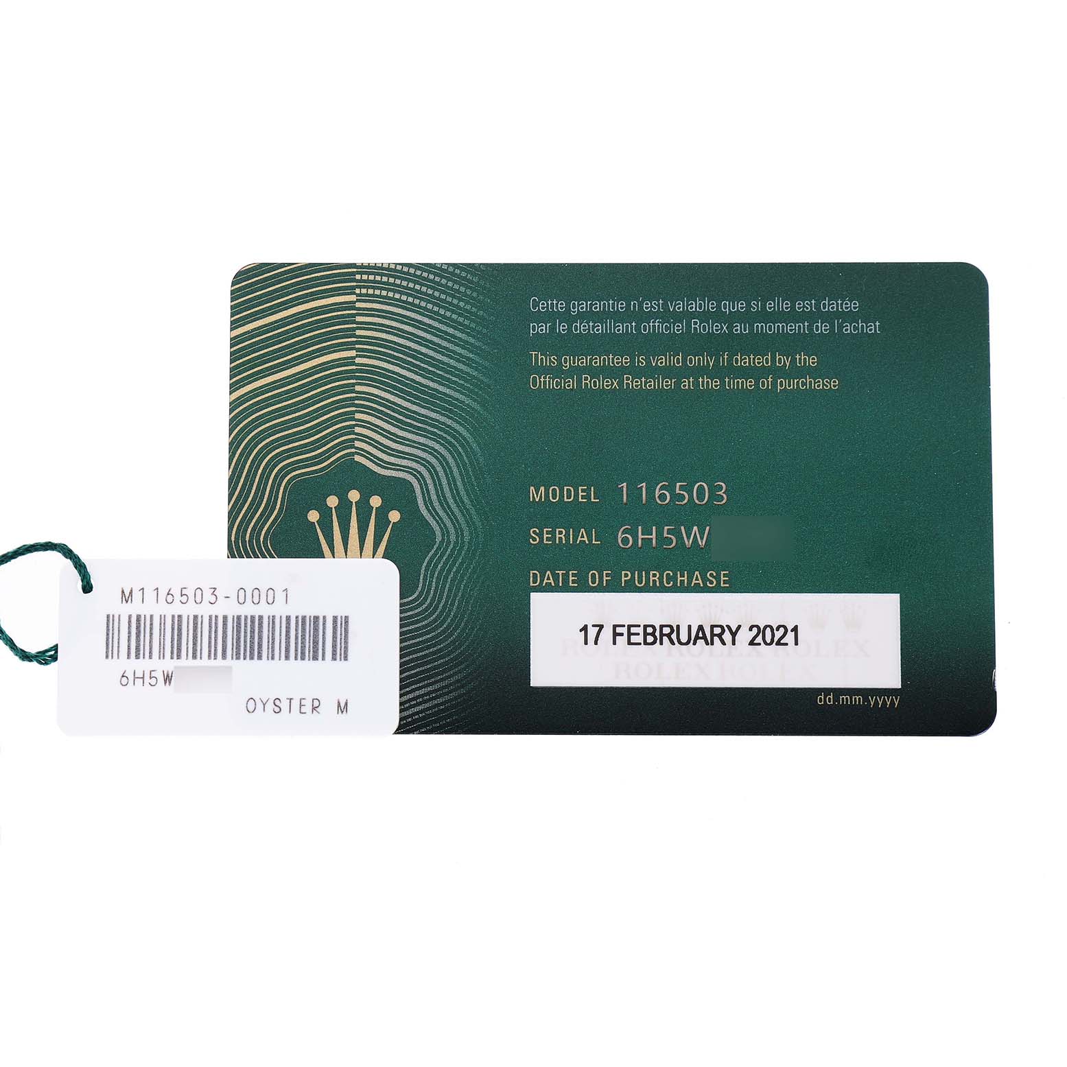 The image shows a warranty card and tag for a Rolex Daytona 116503 Men's Steel and Gold (two tone) White Dial model 116503, highlighting serial and purchase date details.