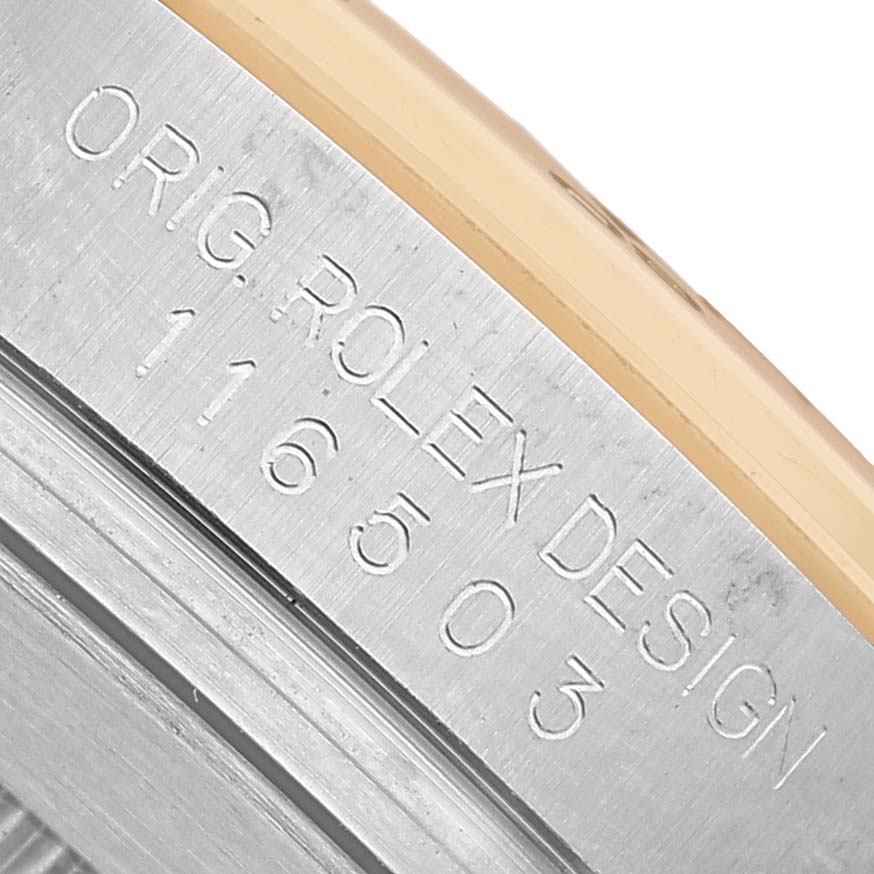 The image shows a close-up of the side engraving on a Rolex Daytona 116503 Men's Steel and Gold (two tone) White Dial watch case.