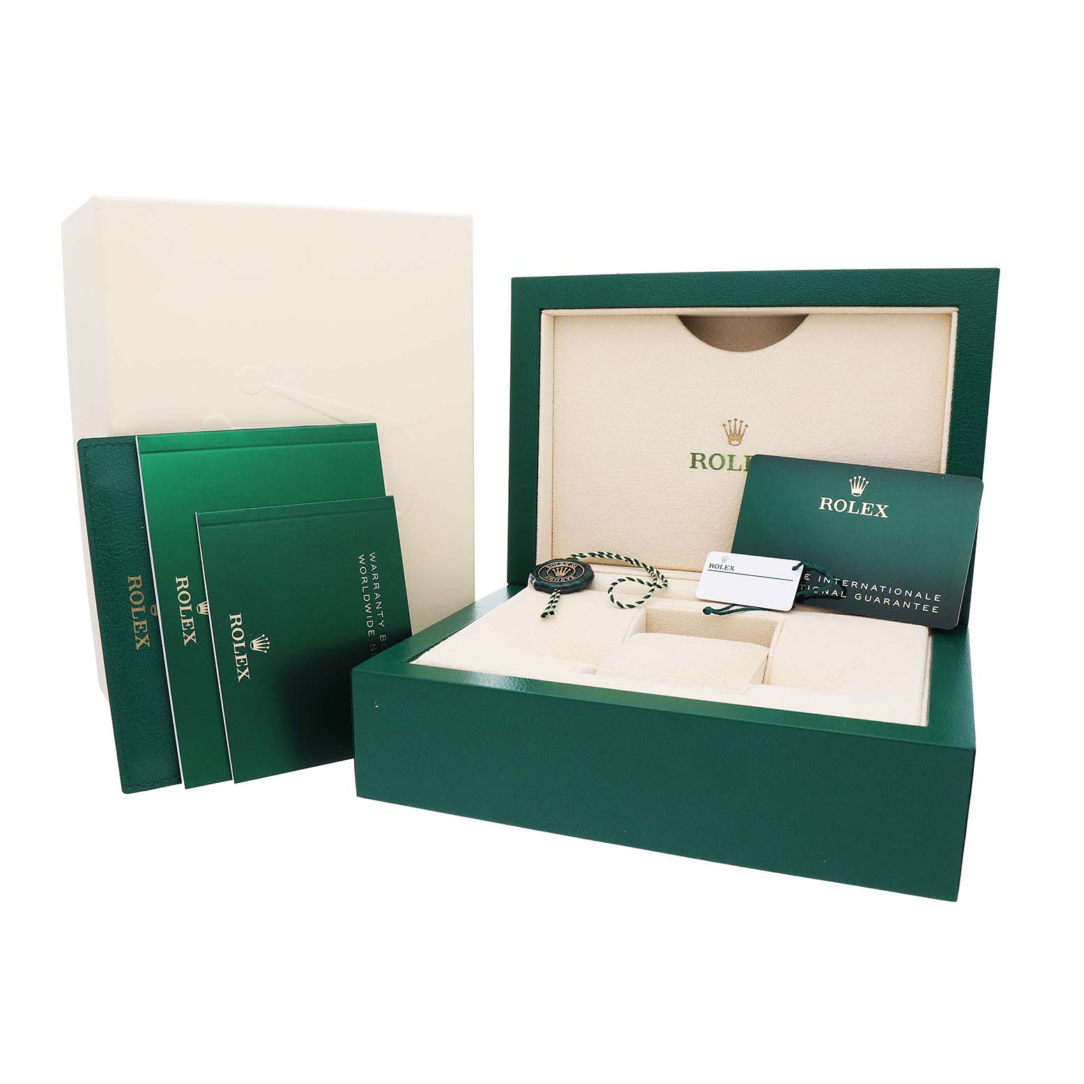 The image shows a Rolex Daytona 116503 Men's Steel and Gold (two tone) White Dial packaging set, including a green box, warranty card, and booklets at a front angle.