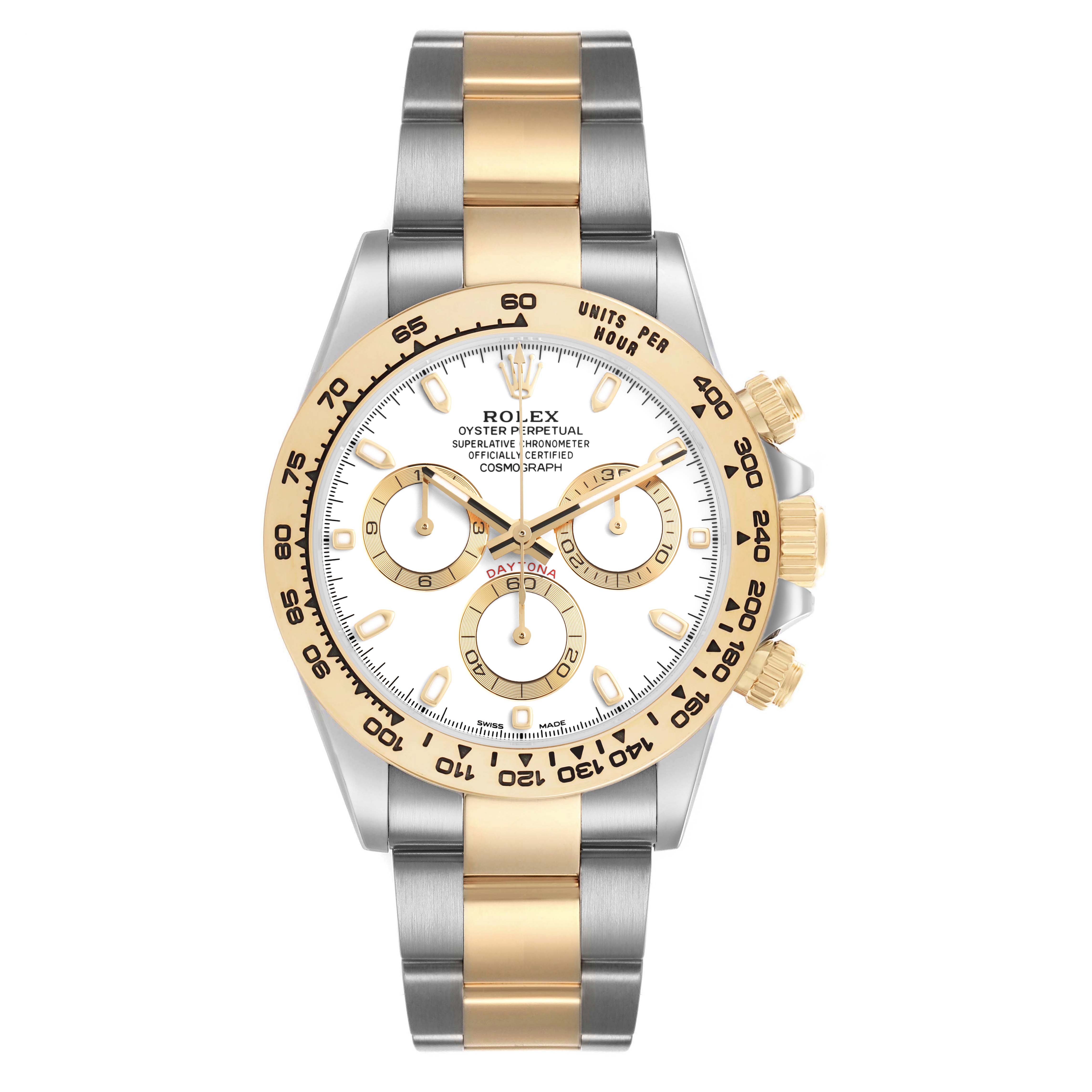 The Rolex Daytona 116503 Men's Steel and Gold (two tone) White Dial watch is shown from a top view, displaying its face, bezel, and two-tone bracelet.
