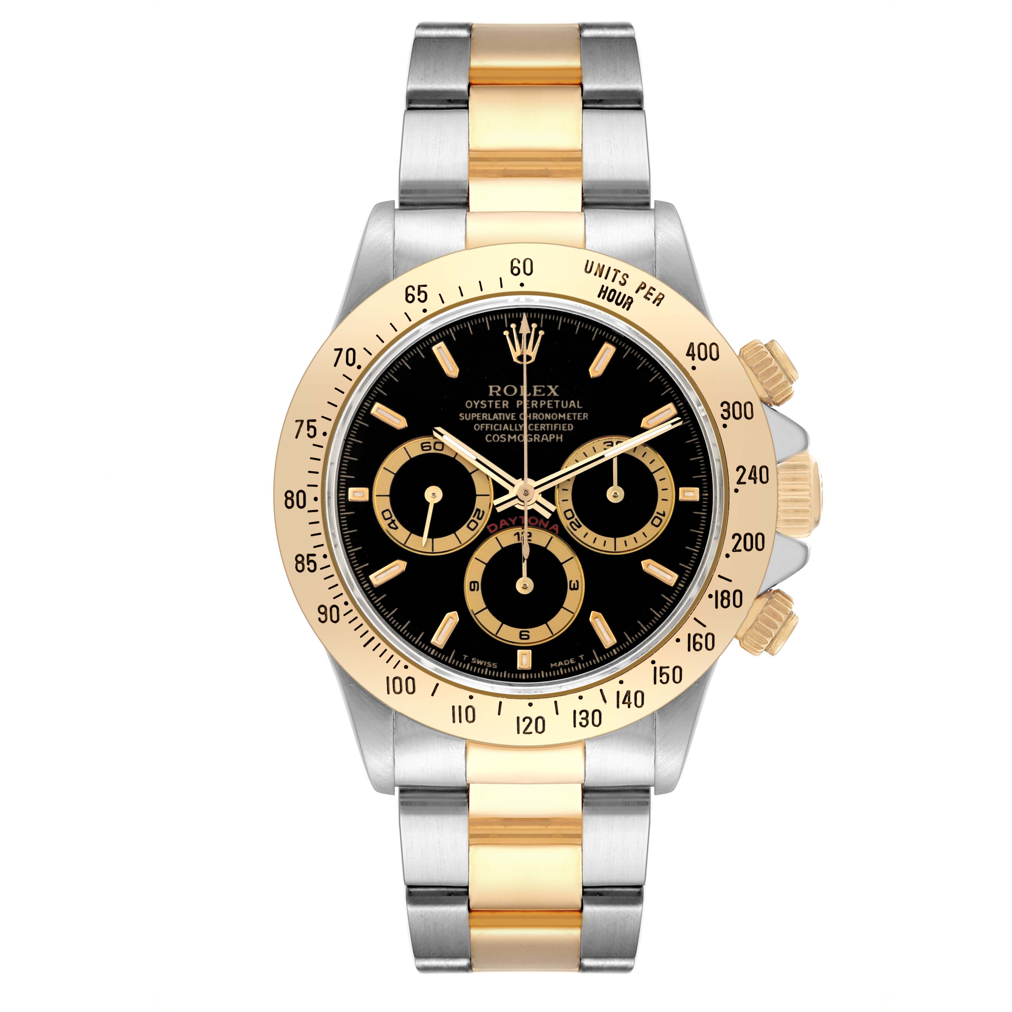 The Rolex Daytona 16523 Men's Steel and Gold (two tone) Black Dial 16523 Men's Steel and Gold (two tone) Black Dial watch is shown from the front, featuring a black dial, gold bezel, and two-tone metal link bracelet.