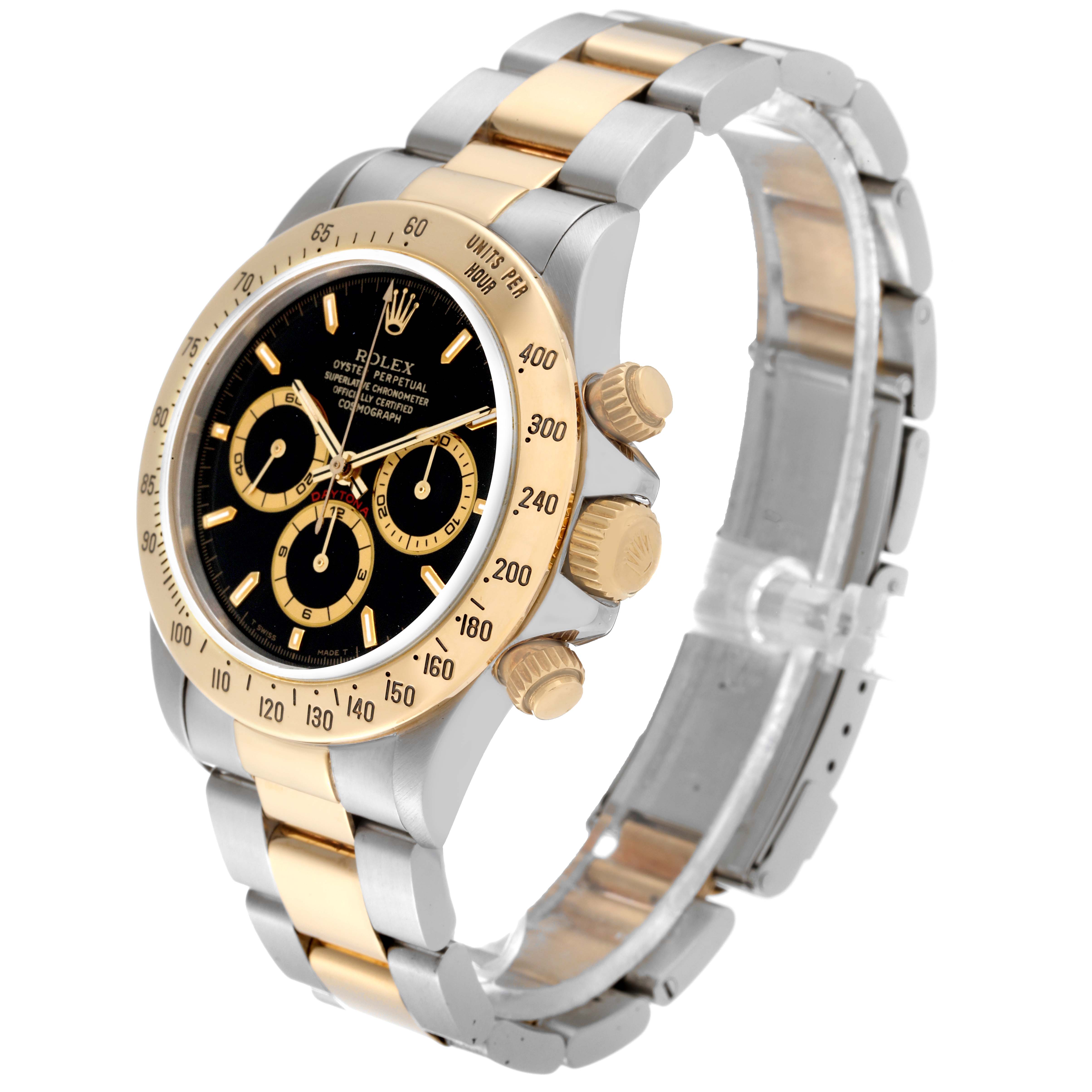 The watch is shown at a three-quarter angle, highlighting the face, bezel, crown, and two-tone bracelet of the Rolex Daytona 16523 Men's Steel and Gold (two tone) Black Dial 16523 Men's Steel and Gold (two tone) Black Dial model.