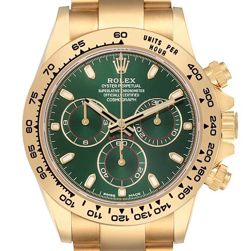 The Rolex Daytona 116508 Men's Yellow Gold Green Dial watch is shown from the front, featuring its green dial, chronograph subdials, and gold bezel with tachymetric scale.