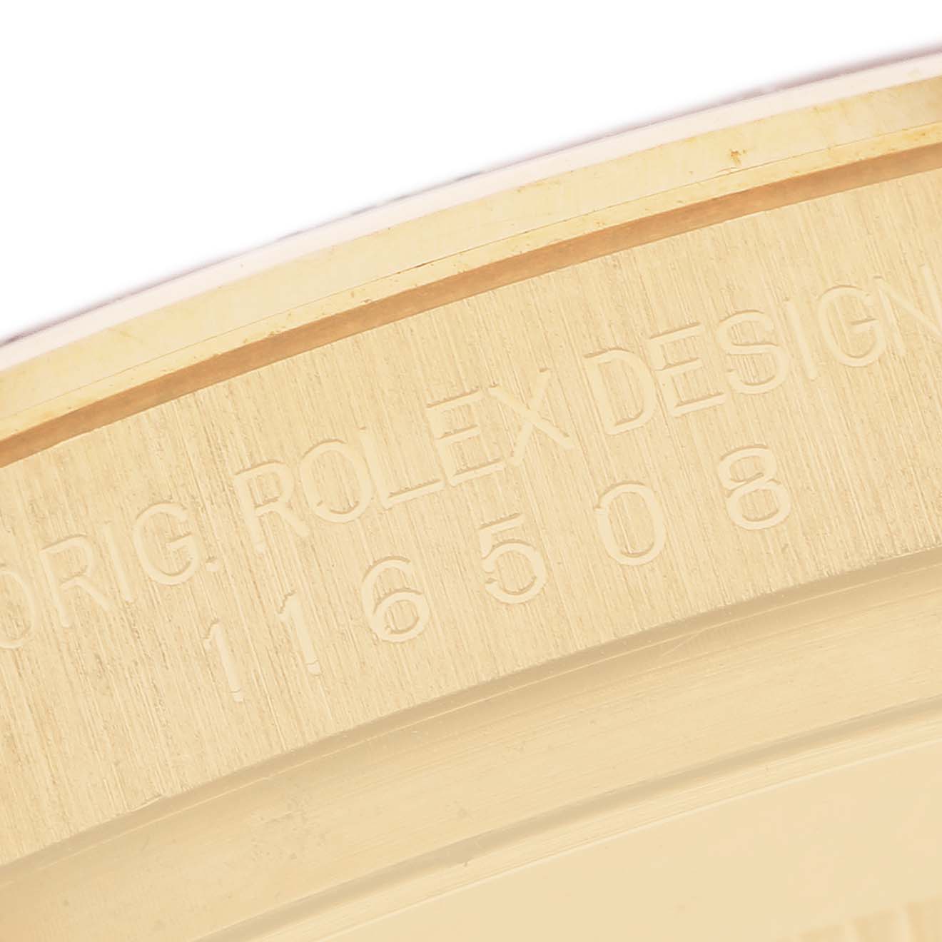 The image shows a close-up of the engraved case edge of a Rolex Daytona 116508 Men's Yellow Gold Green Dial, highlighting model details.