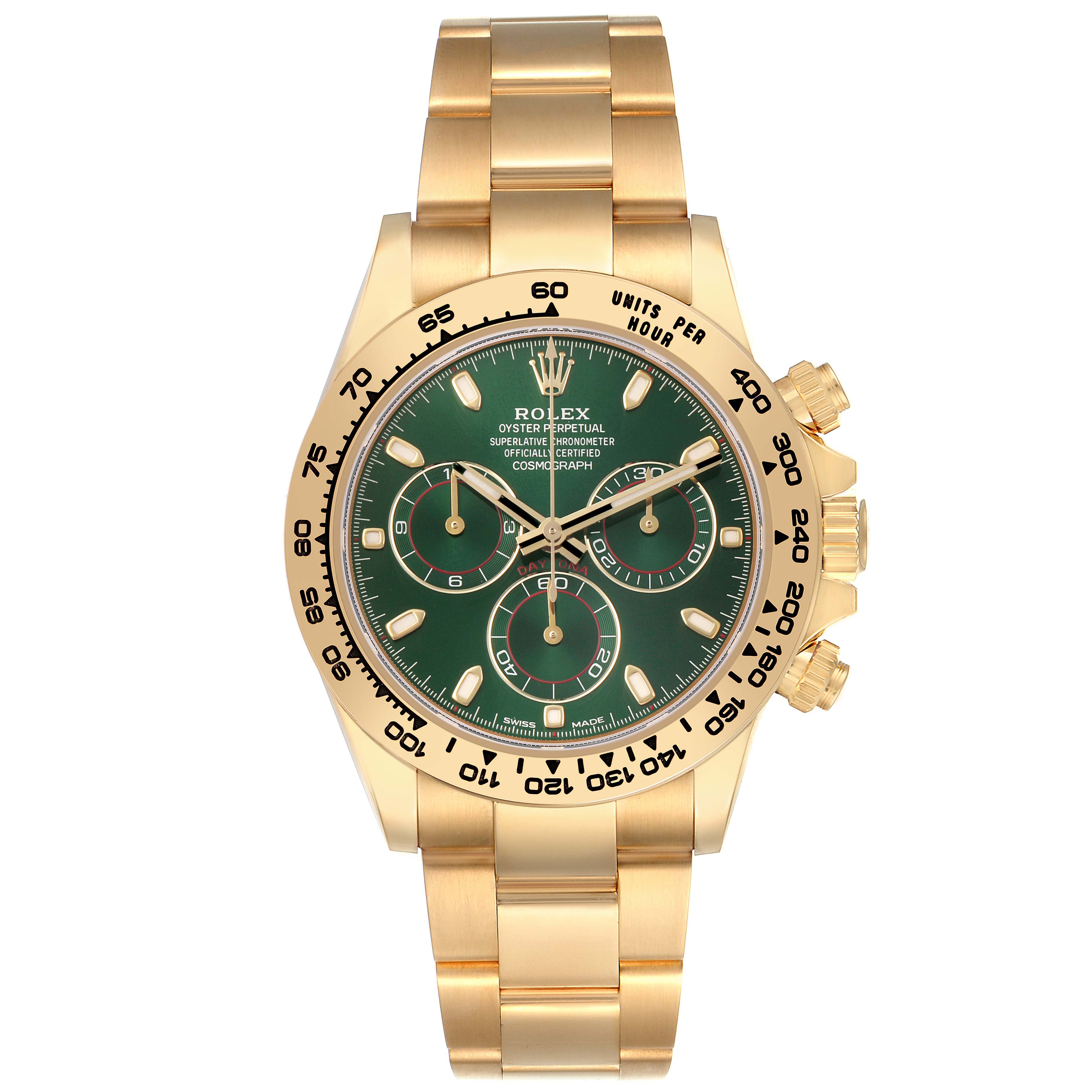 The Rolex Daytona 116508 Men's Yellow Gold Green Dial watch is shown from a front angle, highlighting the face, bezel, bracelet, and side pushers.