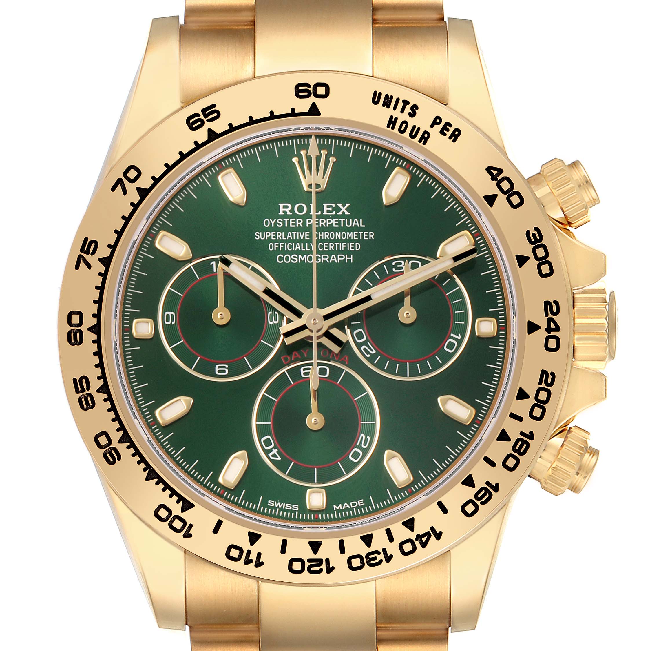 The image shows a frontal close-up of a Rolex Daytona 116508 Men's Yellow Gold Green Dial watch featuring a green dial and gold bracelet.