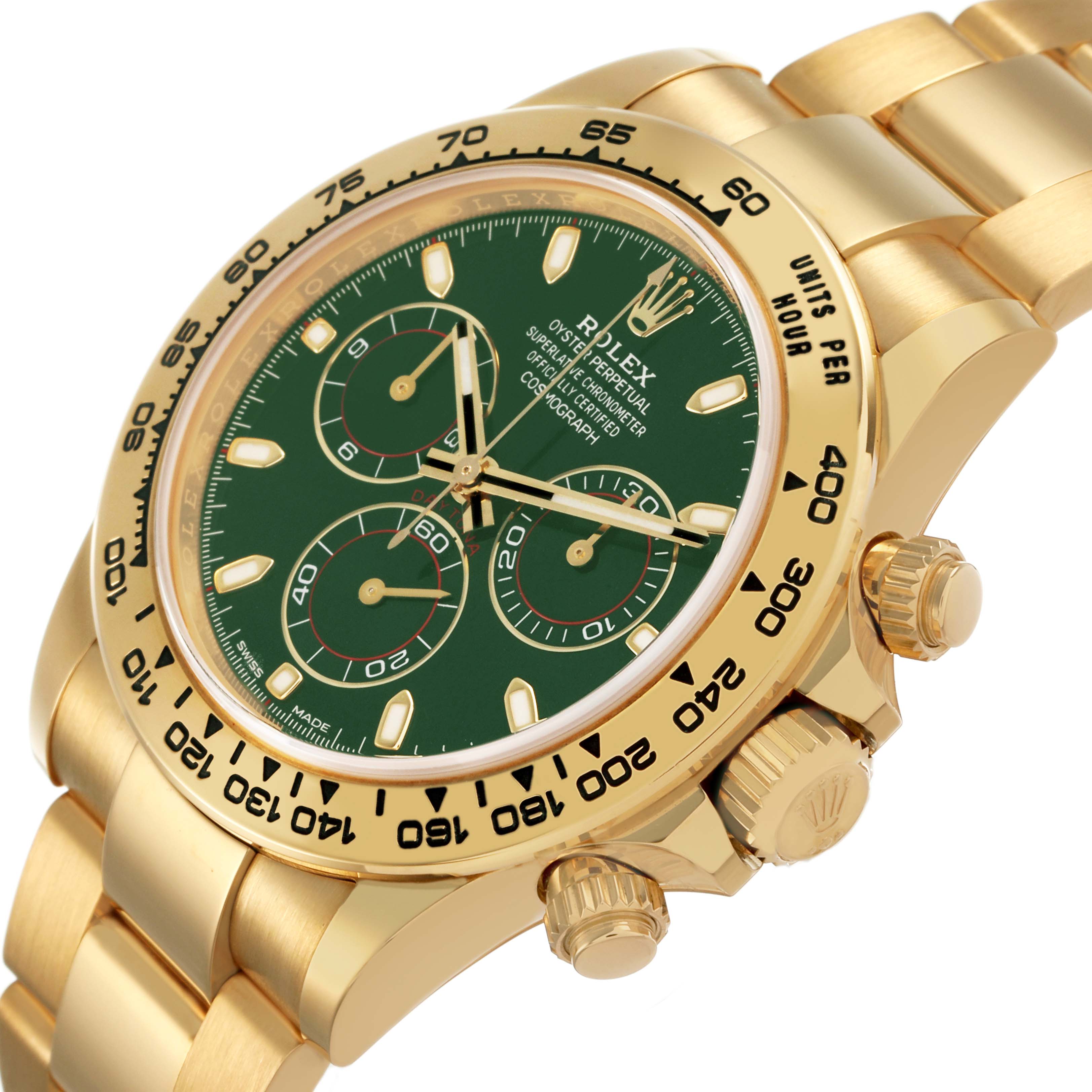 The Rolex Daytona 116508 Men's Yellow Gold Green Dial watch is shown at a slight angle, highlighting the dial, bezel, and side crown.