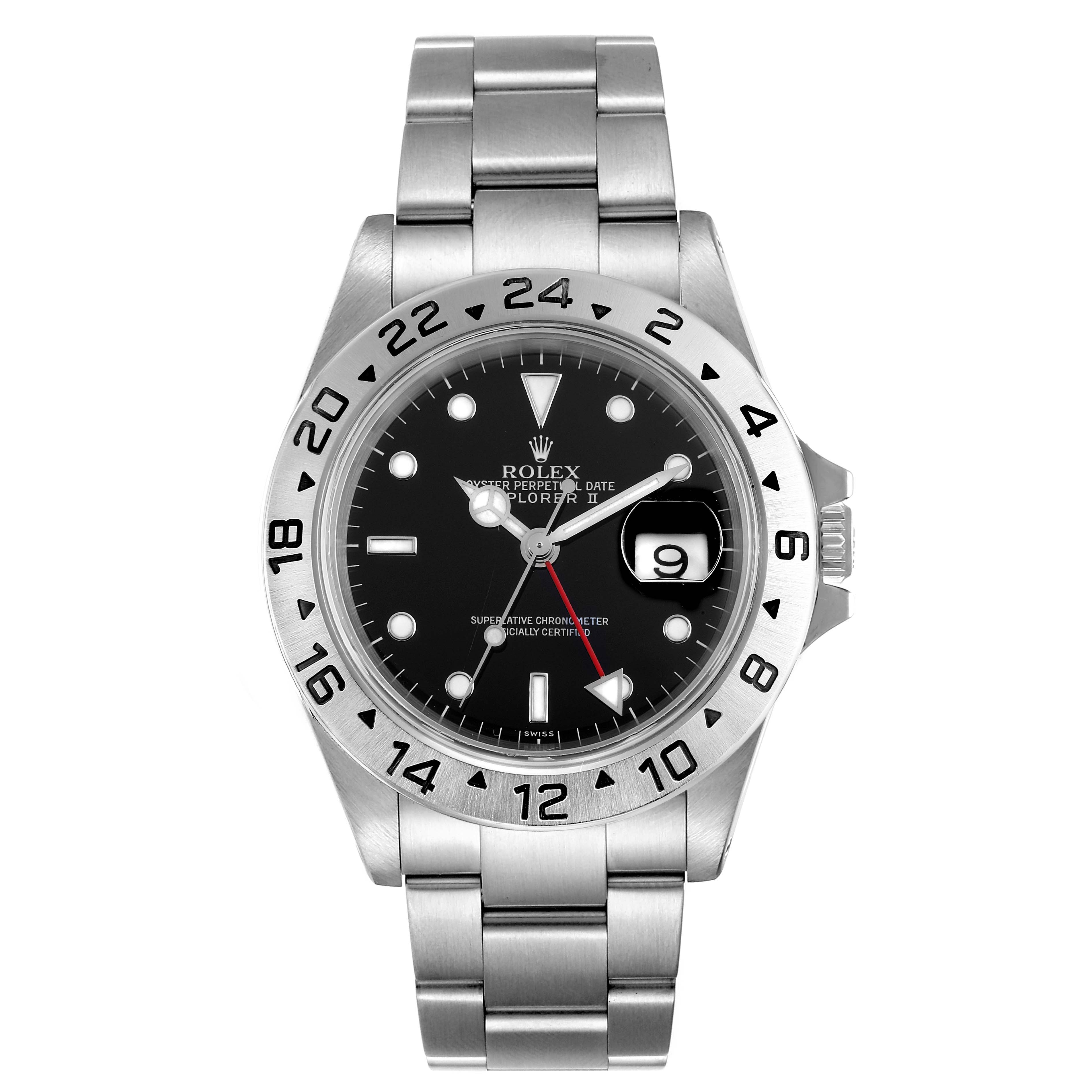 The image shows a full frontal view of a Rolex Explorer 16570 Men
s Stainless Steel Black Dial 16570 Men
s Stainless Steel Black Dial watch, including the dial, bezel, and bracelet.