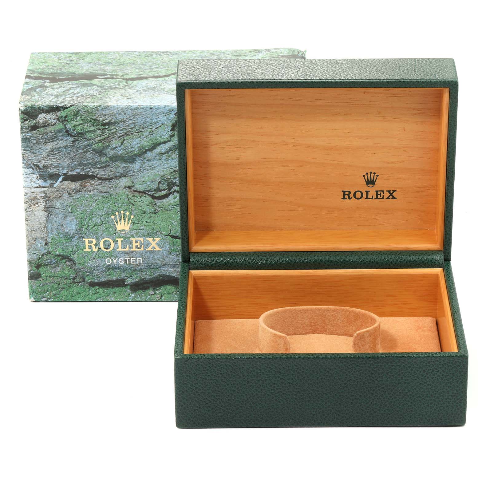 This image shows the open wooden box for a Rolex Explorer 16570 Men
s Stainless Steel Black Dial 16570 Men
s Stainless Steel Black Dial watch, along with its textured green exterior box.