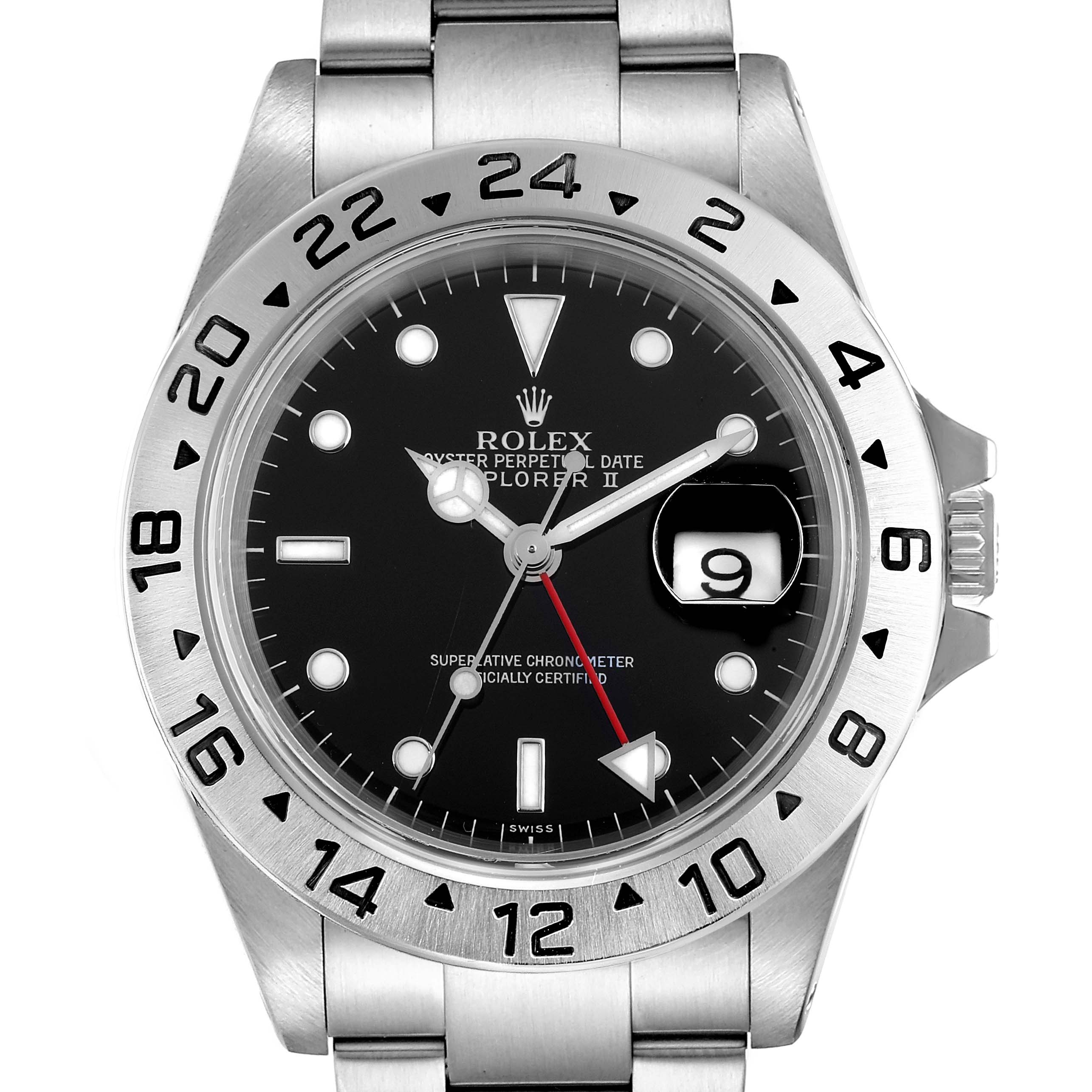 The image shows a front view of the Rolex Explorer 16570 Men
s Stainless Steel Black Dial 16570 Men
s Stainless Steel Black Dial watch, displaying the dial, bezel, and part of the stainless steel bracelet.