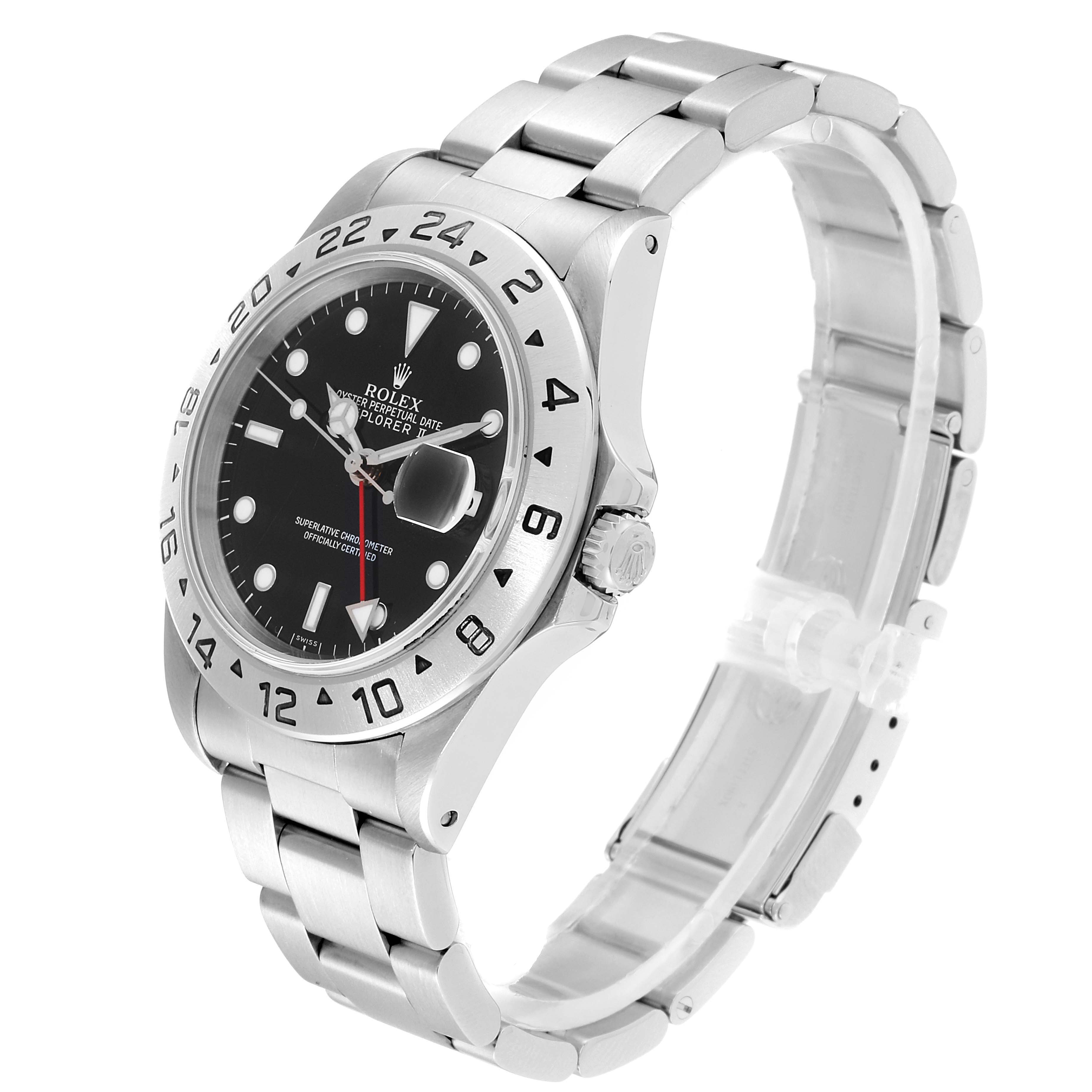 This Rolex Explorer 16570 Men
s Stainless Steel Black Dial 16570 Men
s Stainless Steel Black Dial watch is shown from an angled side view, highlighting the face, bezel, crown, and stainless steel bracelet.