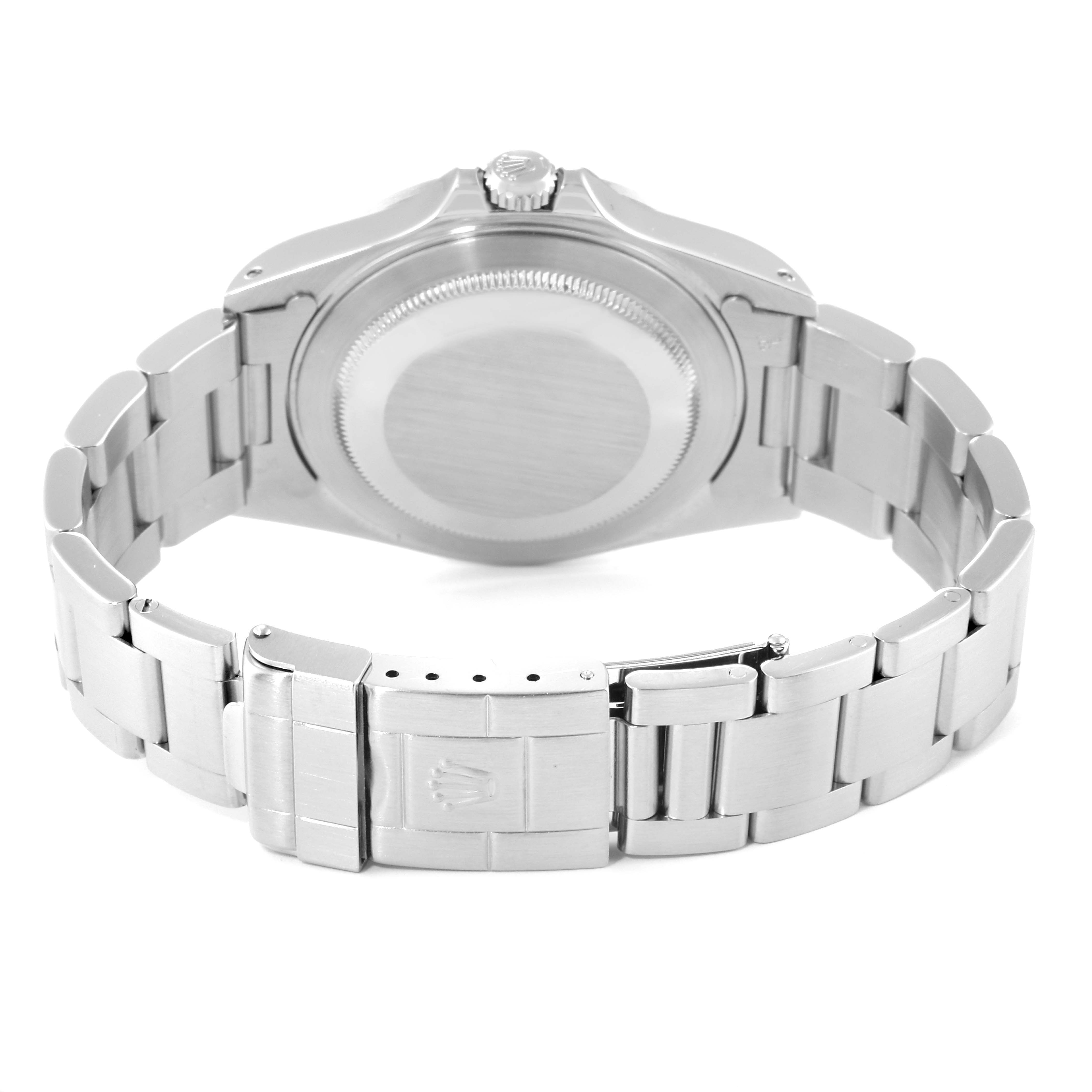 The image shows the back view of a Rolex Explorer 16570 Men
s Stainless Steel Black Dial 16570 Men
s Stainless Steel Black Dial watch, highlighting the clasp and bracelet.