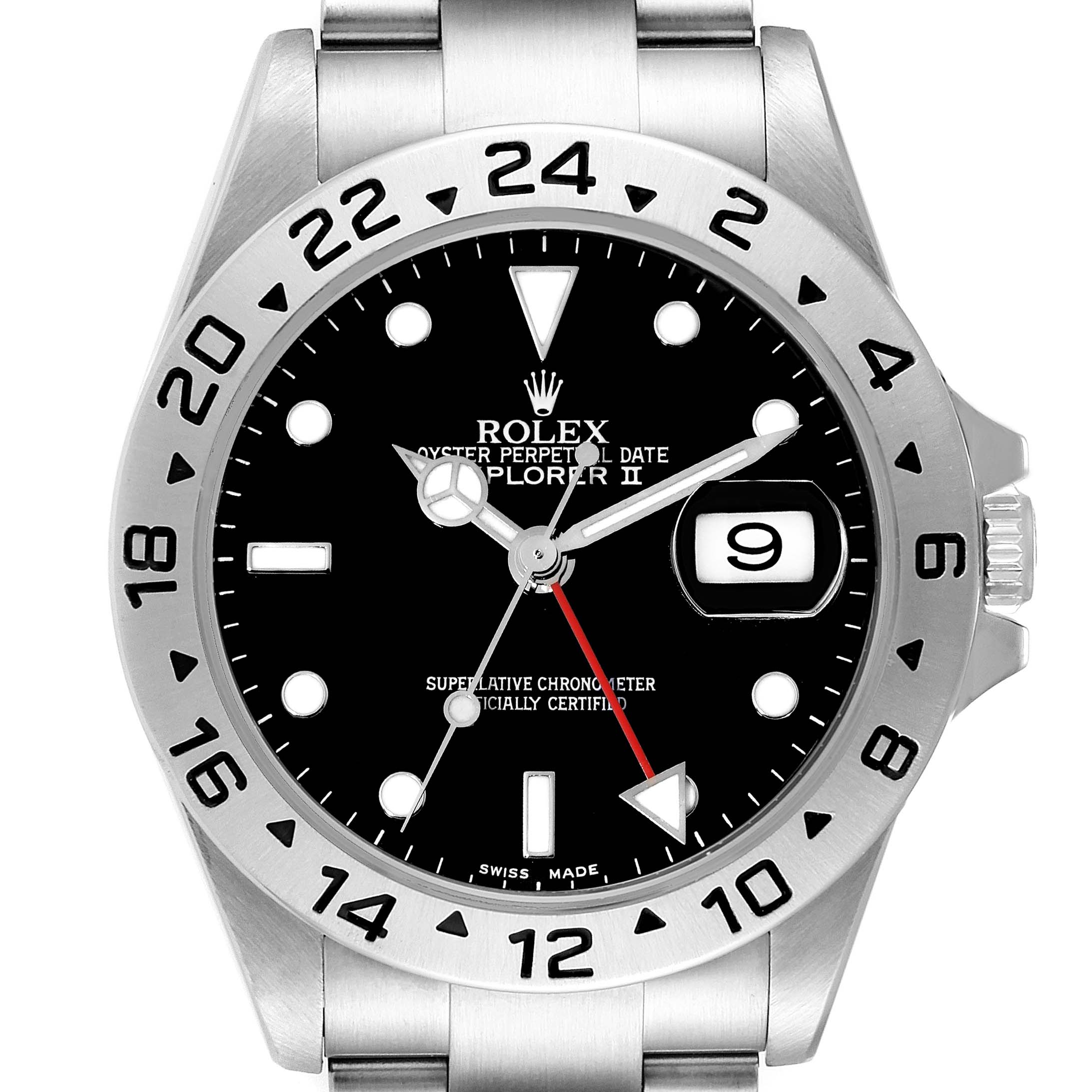 The image shows a front view of a Rolex Explorer 16570 Men's Stainless Steel Black Dial 16570 Men's Stainless Steel Black Dial watch, highlighting its dial, bezel, and bracelet.