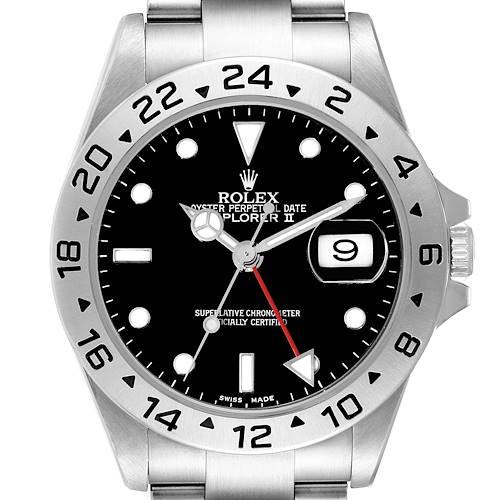 The image shows a front view of the Rolex Explorer II watch, highlighting its black dial, date window, and bezel.