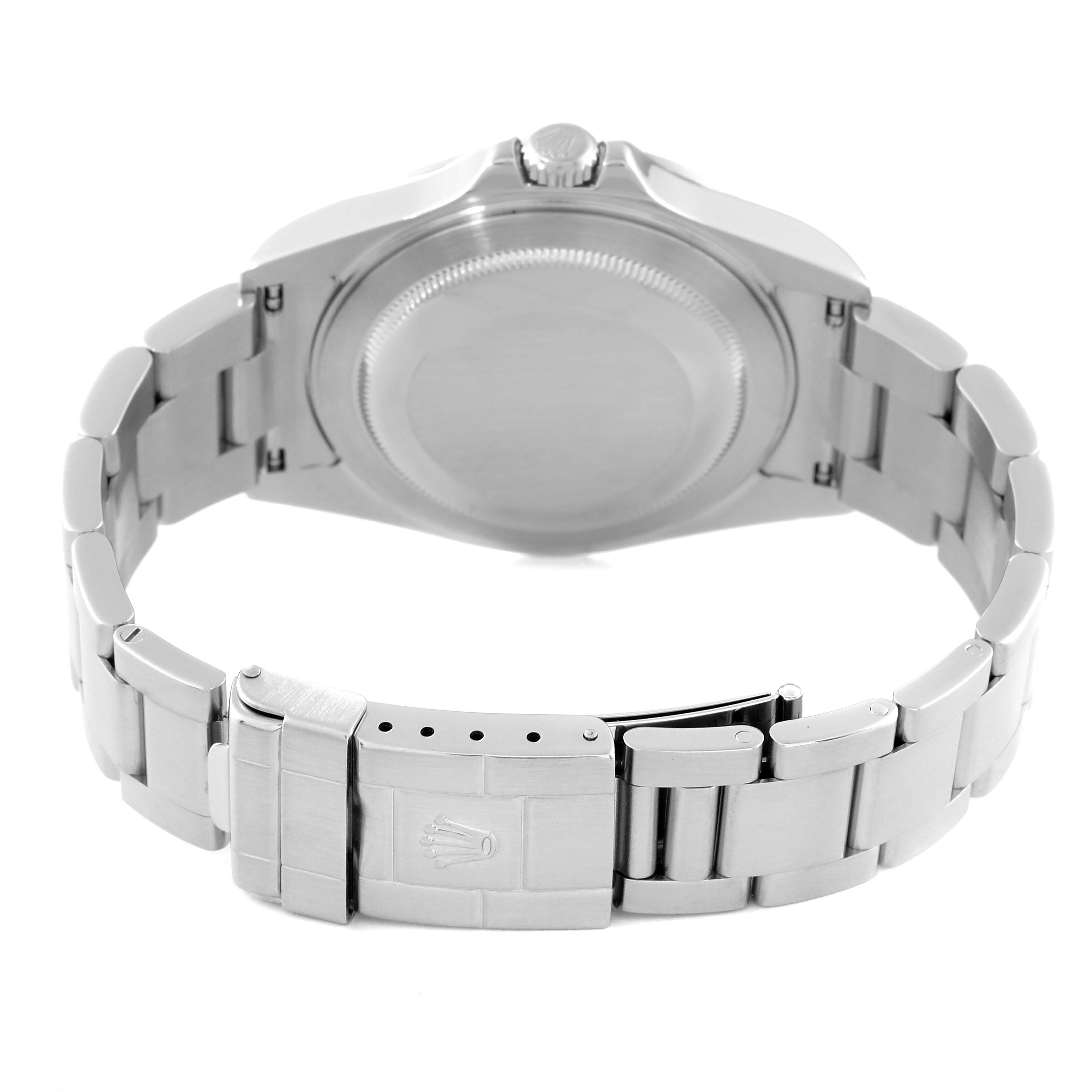 This image shows the back and bracelet of a Rolex Explorer 16570 Men's Stainless Steel Black Dial 16570 Men's Stainless Steel Black Dial watch, highlighting the clasp and case back.