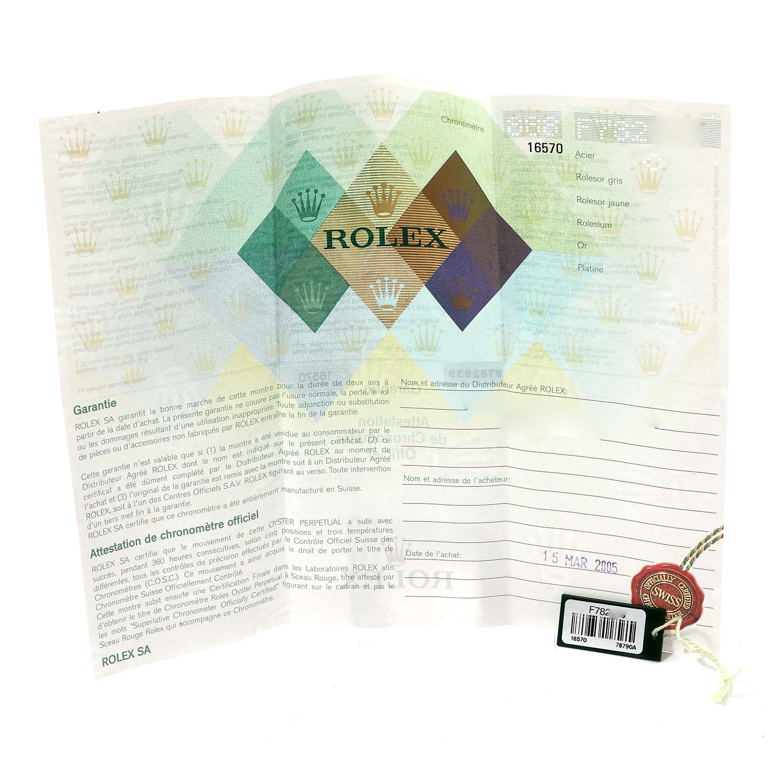 The image shows the warranty and authenticity paperwork for the Rolex Explorer 16570 Men's Stainless Steel Black Dial 16570 Men's Stainless Steel Black Dial model, along with attached tags.