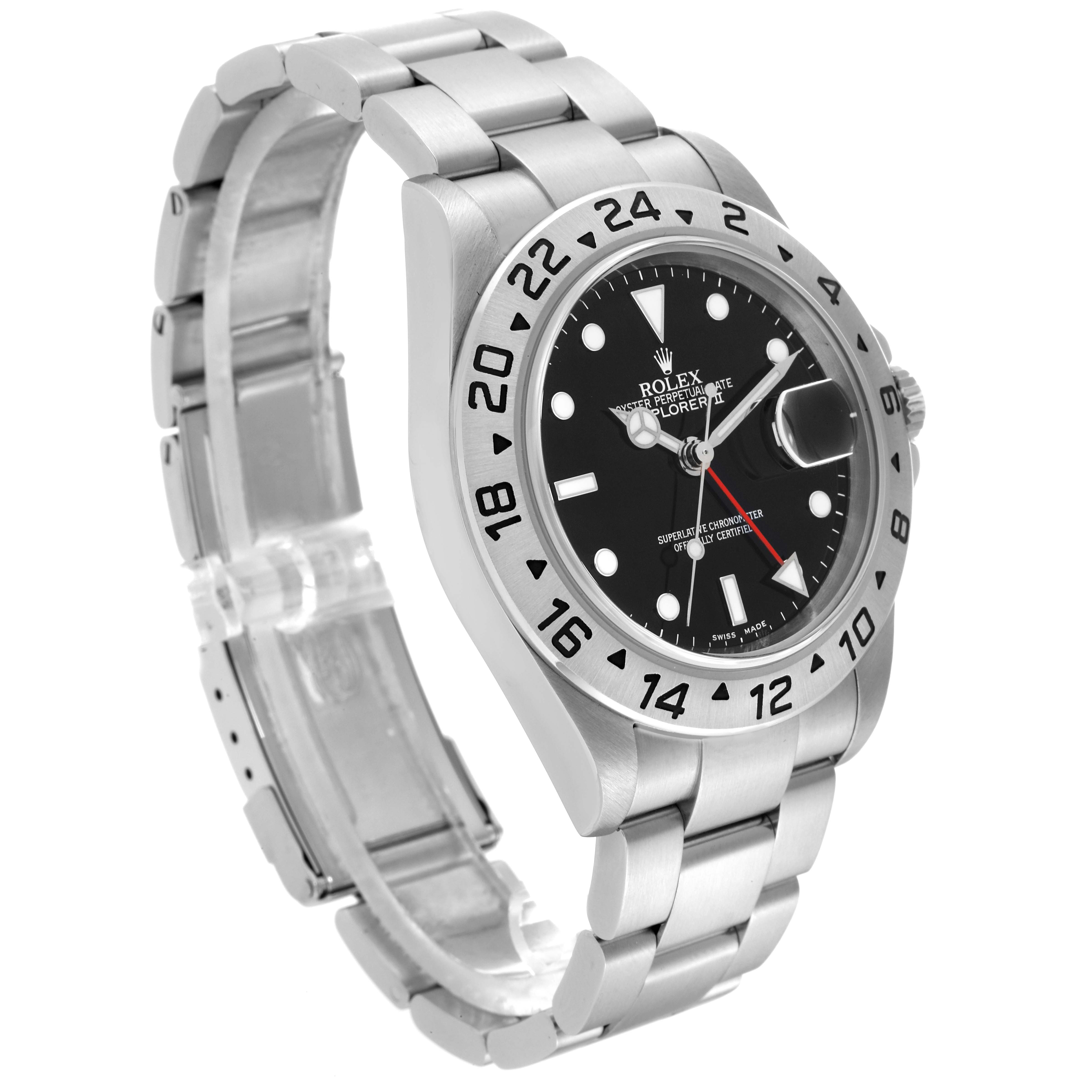 The image shows a side angle of a Rolex Explorer 16570 Men's Stainless Steel Black Dial 16570 Men's Stainless Steel Black Dial watch, highlighting its bezel, dial, hands, and bracelet.