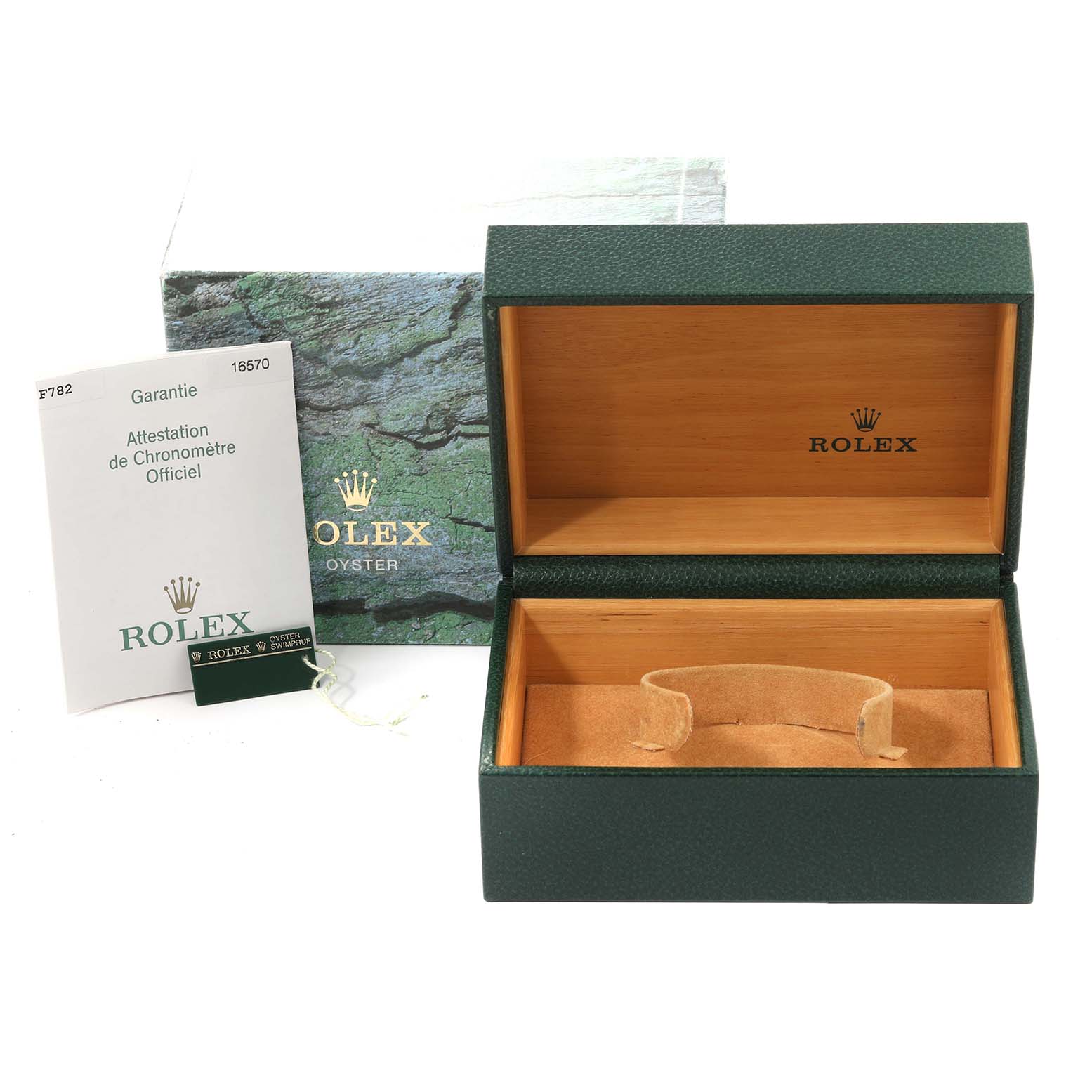 The image shows an open Rolex Explorer 16570 Men's Stainless Steel Black Dial 16570 Men's Stainless Steel Black Dial watch box, a warranty booklet, and outer packaging.