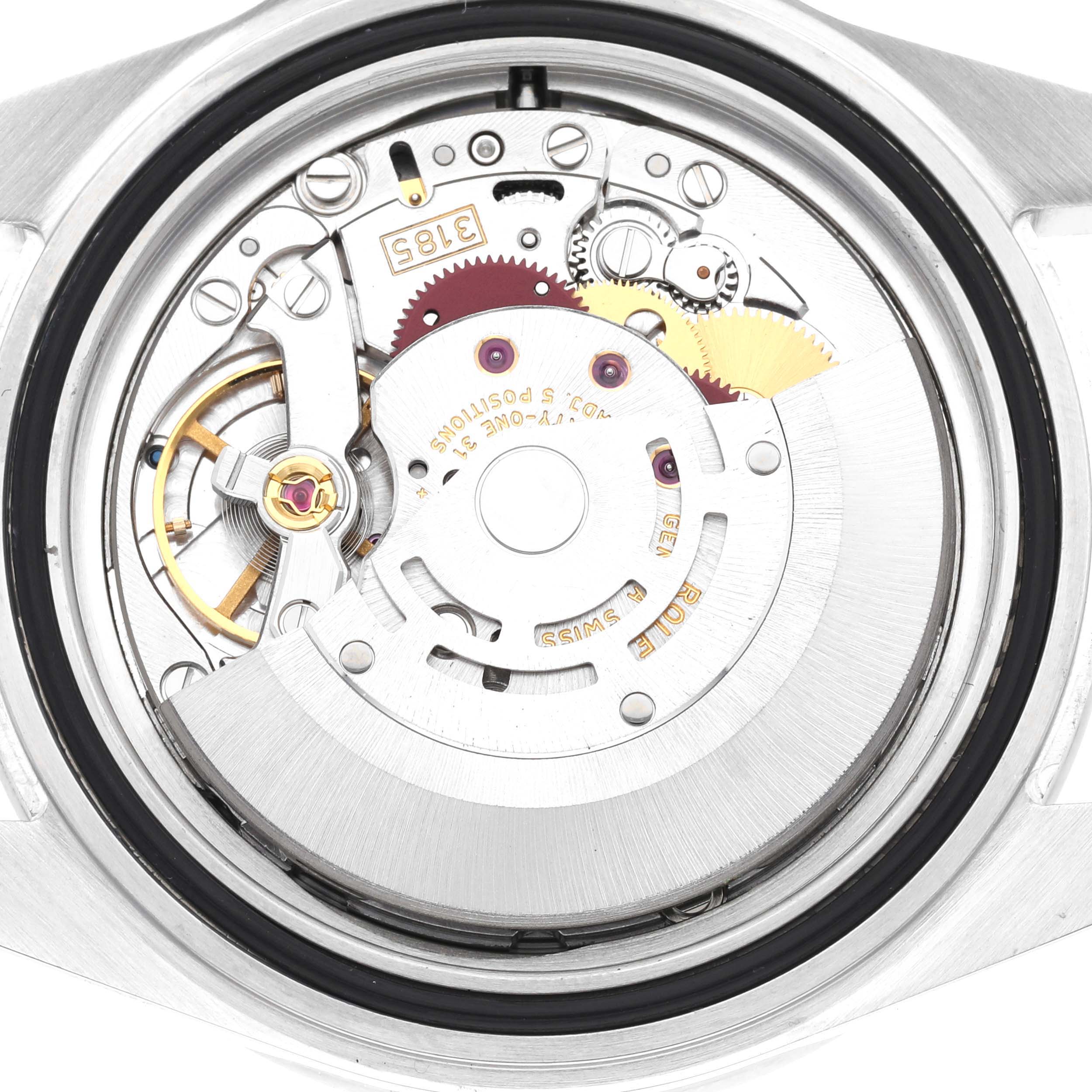 The image shows the internal movement of the Rolex Explorer 16570 Men's Stainless Steel White Dial 16570 Men's Stainless Steel White Dial watch from a back view angle.