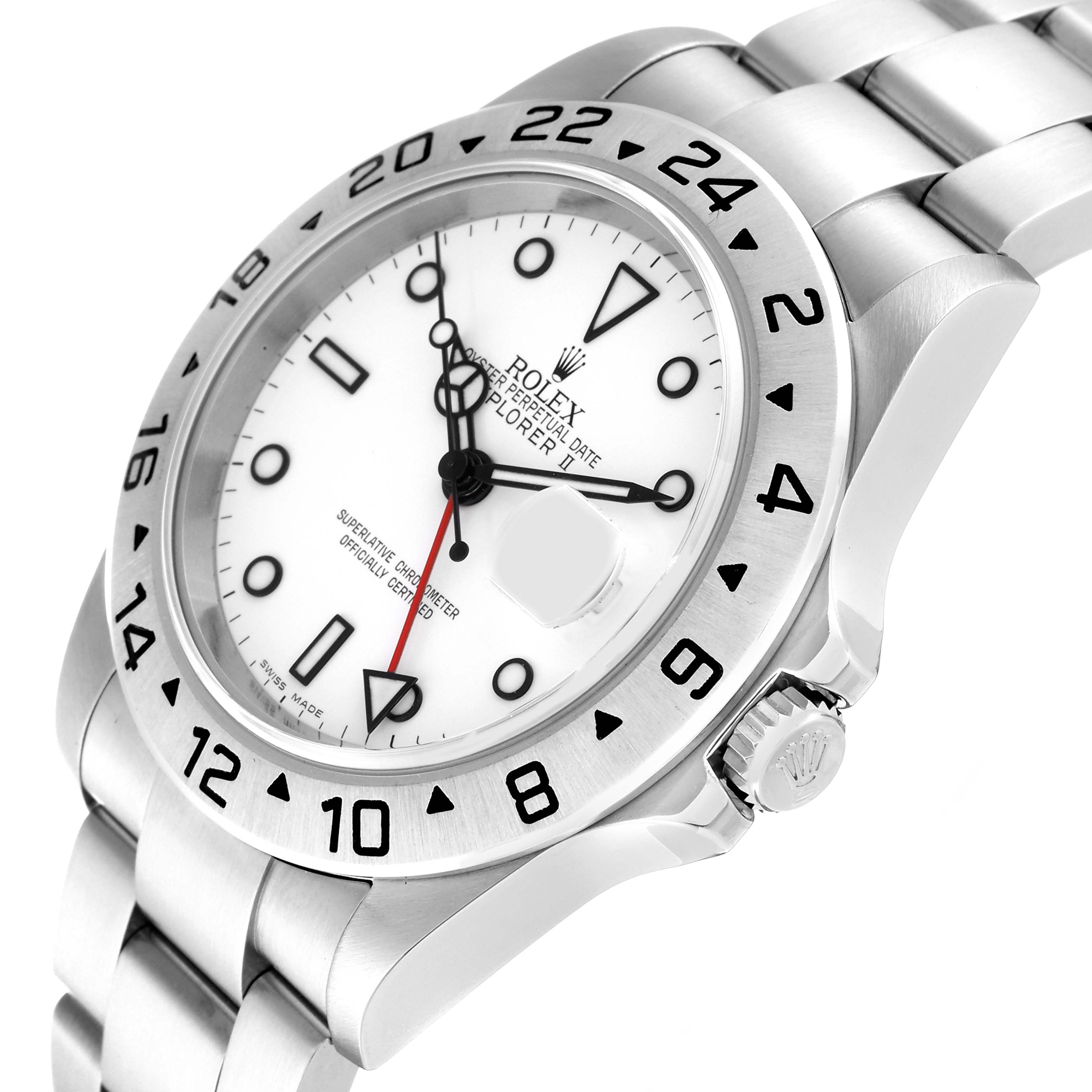 This image shows a close-up view of the face and bracelet of a Rolex Explorer 16570 Men's Stainless Steel White Dial 16570 Men's Stainless Steel White Dial watch, highlighting the crown and bezel.