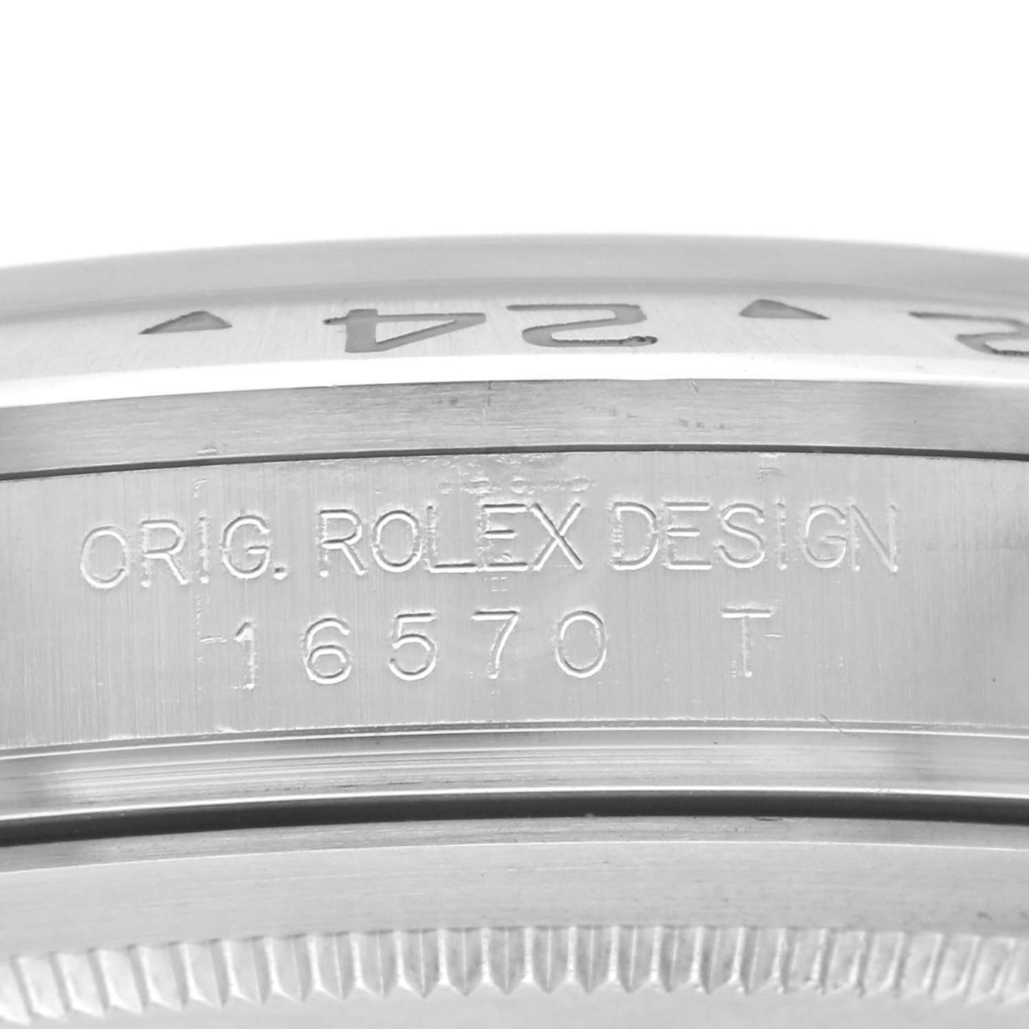 This close-up image shows the case side engraving of a Rolex Explorer 16570 Men's Stainless Steel White Dial 16570 Men's Stainless Steel White Dial model 16570 watch.
