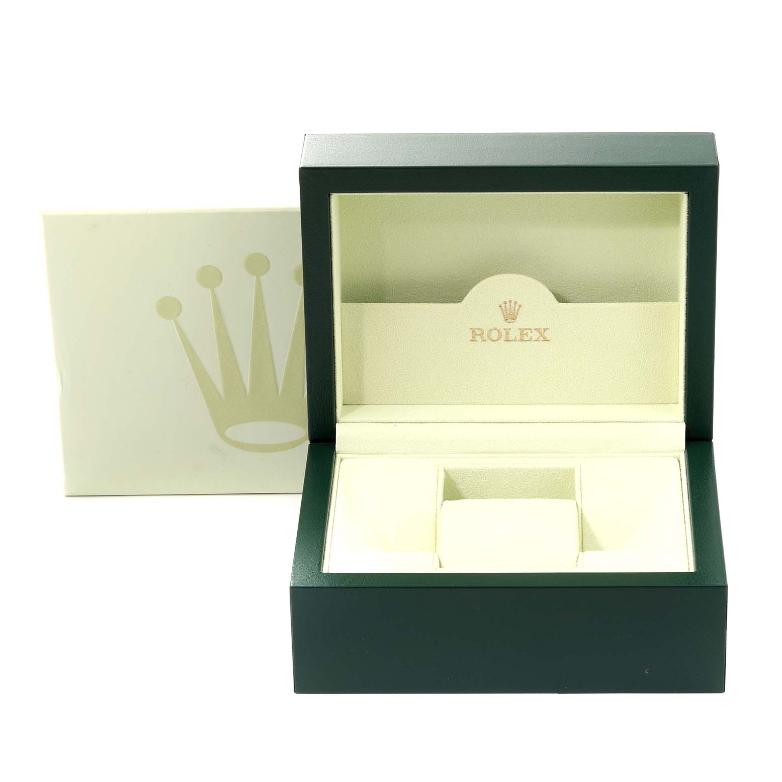 A Rolex Explorer 16570 Men's Stainless Steel White Dial 16570 Men's Stainless Steel White Dial watch box is shown at a straight-on angle, highlighting its open interior and green exterior.