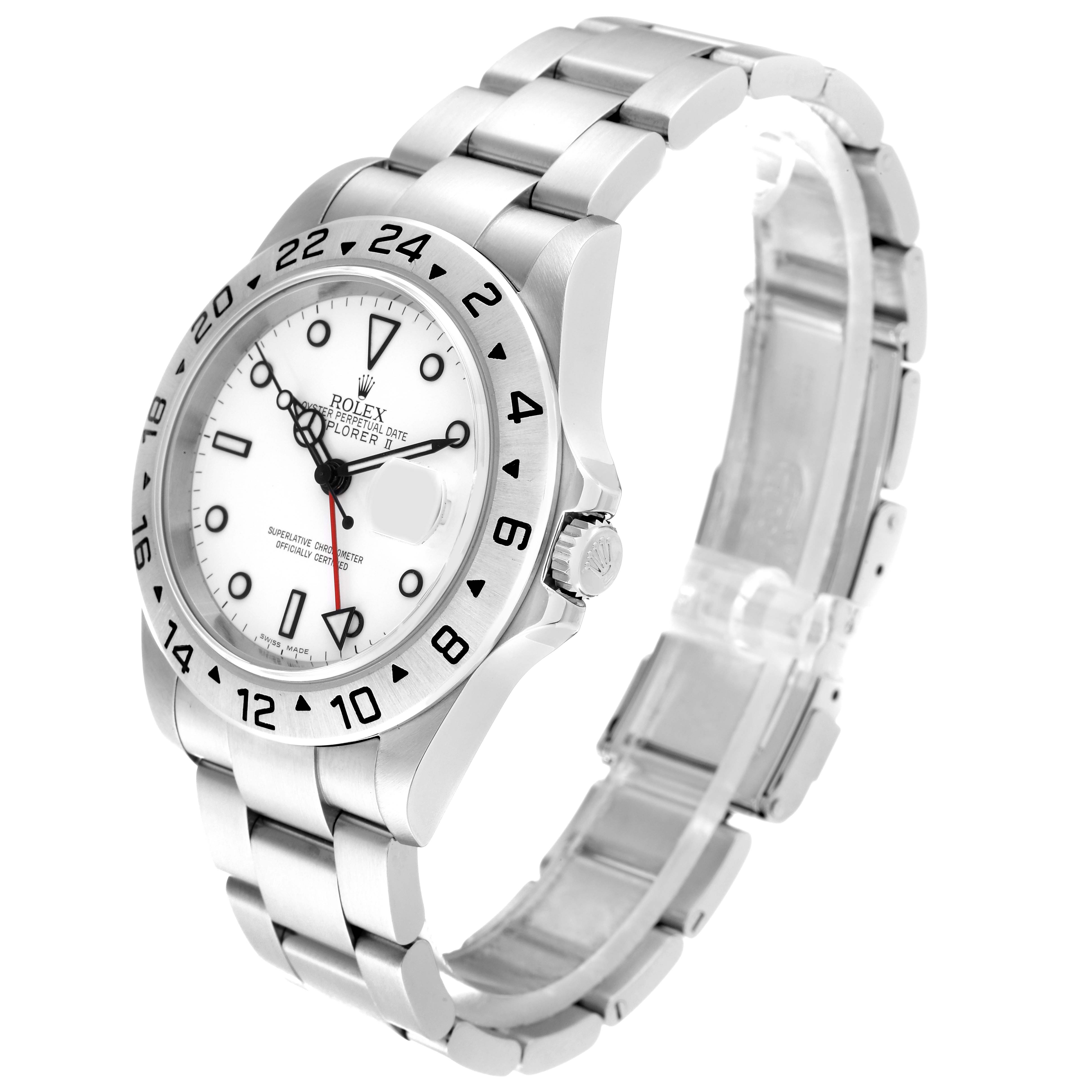 The image shows a side angle of a Rolex Explorer 16570 Men's Stainless Steel White Dial 16570 Men's Stainless Steel White Dial watch, highlighting the face, bezel, crown, and bracelet.