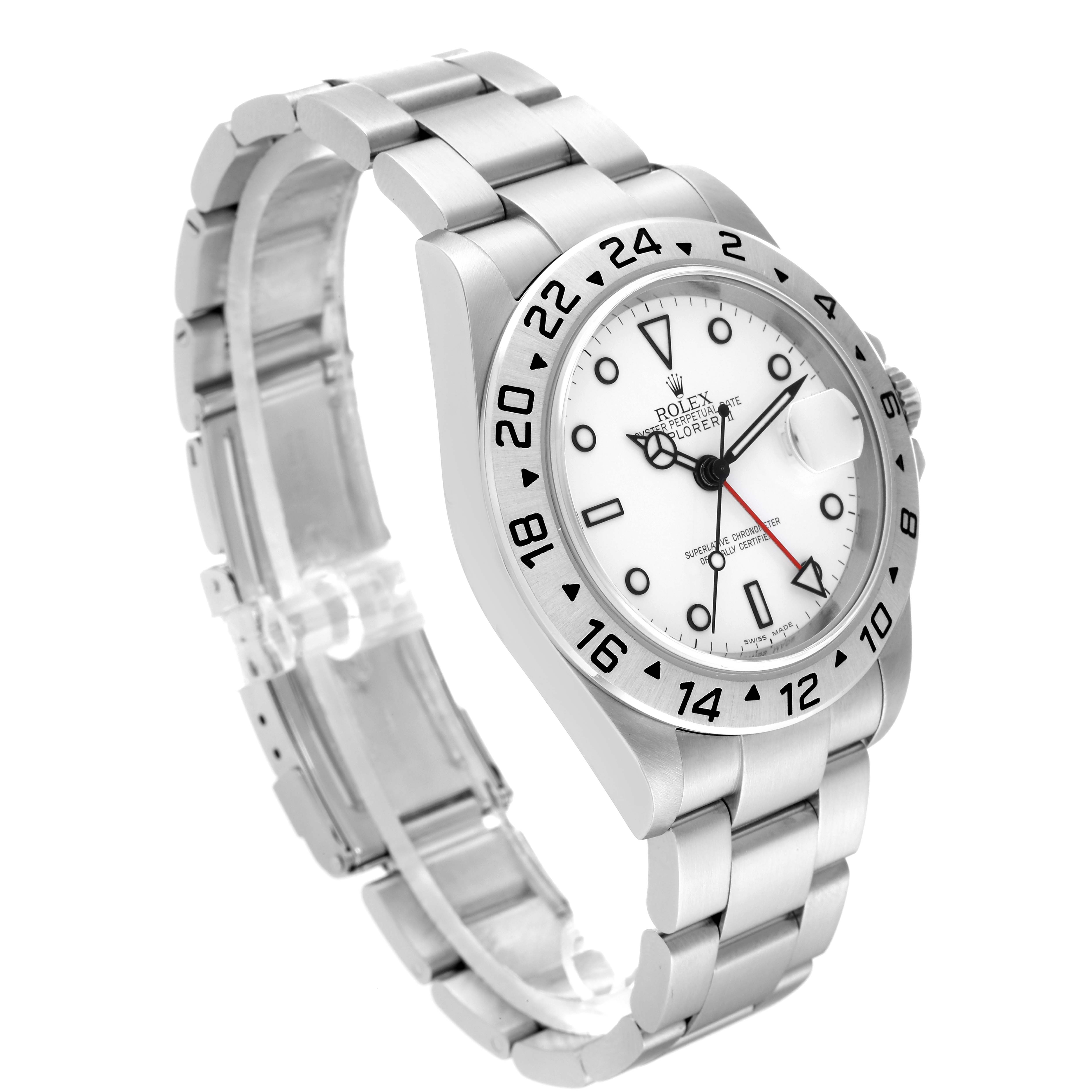 The Rolex Explorer 16570 Men's Stainless Steel White Dial 16570 Men's Stainless Steel White Dial watch is shown at a three-quarter angle, displaying its face, bezel, and metal bracelet.