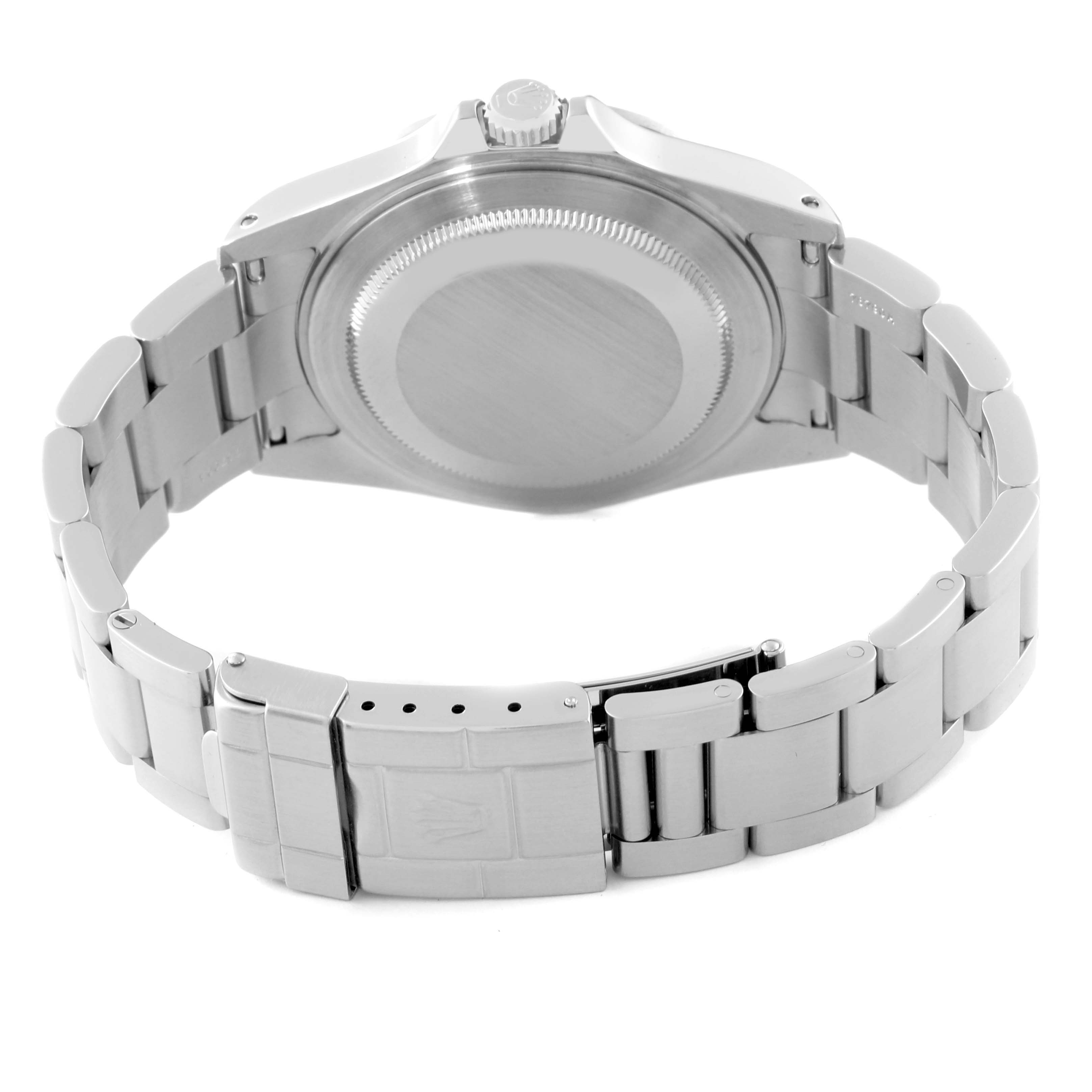This is a rear view of the Rolex Explorer 16570 Men's Stainless Steel White Dial 16570 Men's Stainless Steel White Dial watch, showing the case back, bracelet, and clasp.