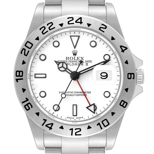 The Rolex Explorer II watch is shown from the front, displaying the watch face, bezel, and part of the bracelet.