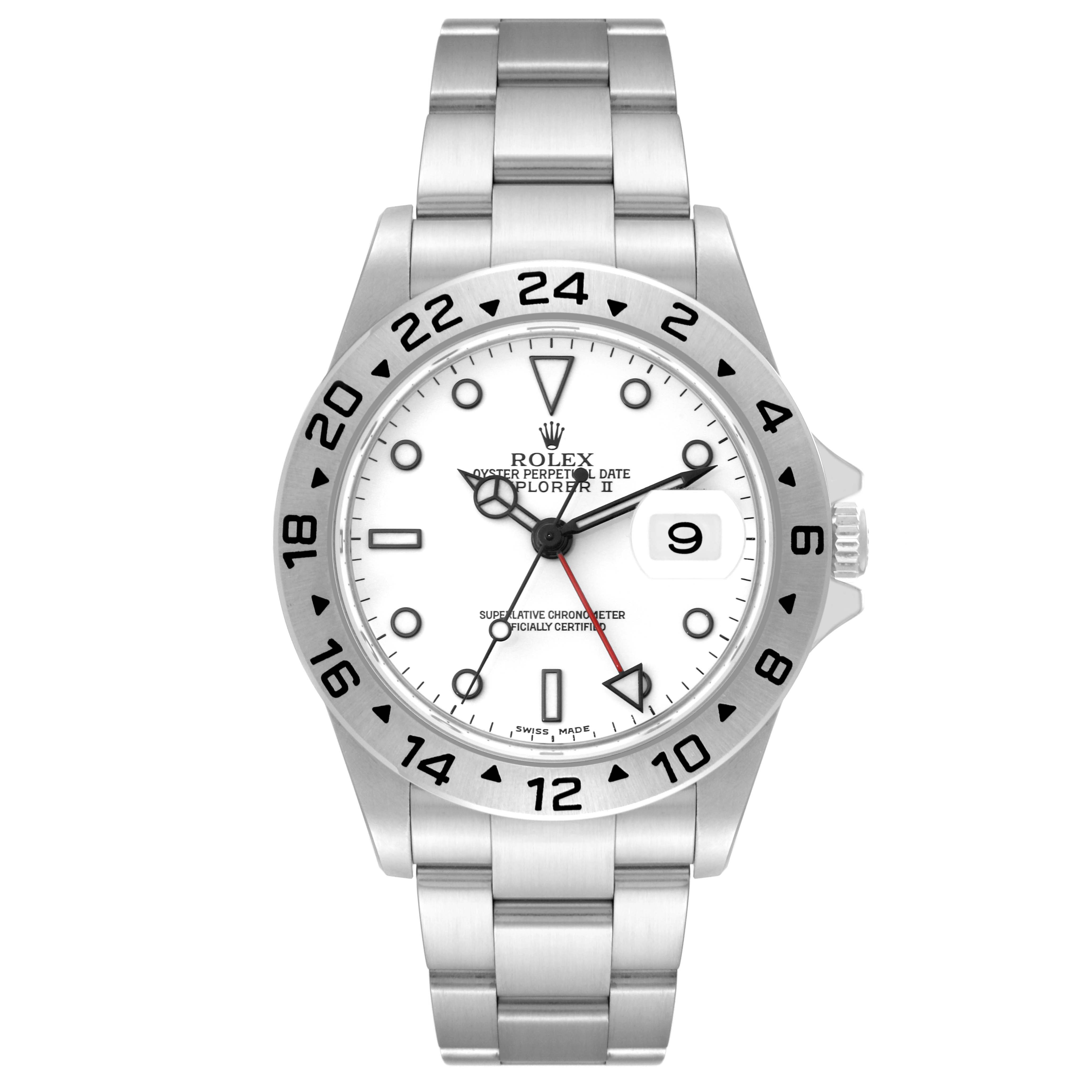 The image shows a frontal view of the Rolex Explorer 16570 Men's Stainless Steel White Dial 16570 Men's Stainless Steel White Dial watch, displaying its dial, bezel, hands, and bracelet.
